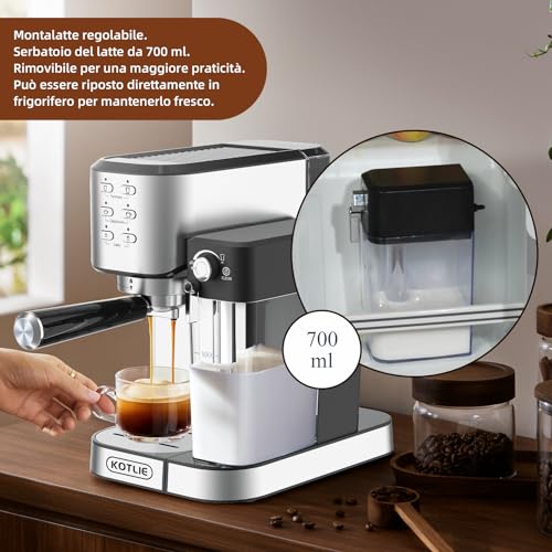 KOTLIE CM5180 Macchina per Espresso con Montalatte Automatico per Espresso, Cappuccino, Latte, serbatoio del latte rimovibile da 700 ml, serbatoio dell'acqua da 1000 ml, 20 Bar, 1350 W : Amazon.it: Casa e cucina