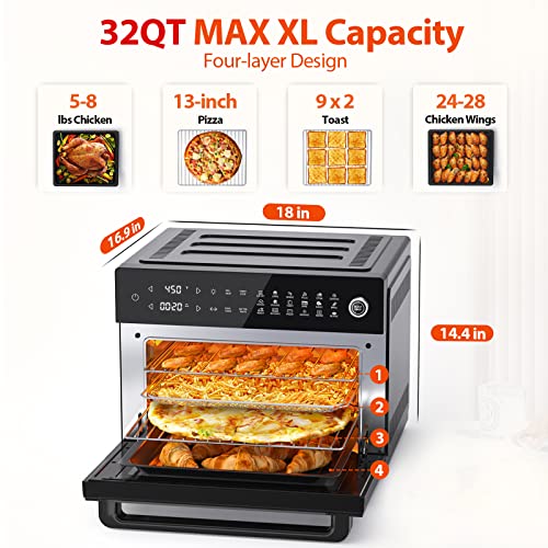 Aeitto® 32 Quart PRO Large Air Fryer Oven| Toaster Oven Combo | with Rotisserie, Dehydrator and Full Accessories | 19 In 1 Digital Airfryer | Fit 13