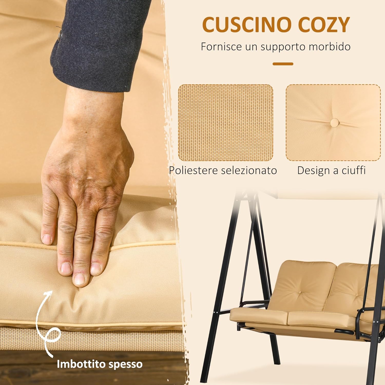 Outsunny Outdoor Swing Chair with Adjustable Canopy and Cushions, 2 Seater Steel and Teslin Fabric Rocking Chair 138 x 106 x 174 cm, Beige