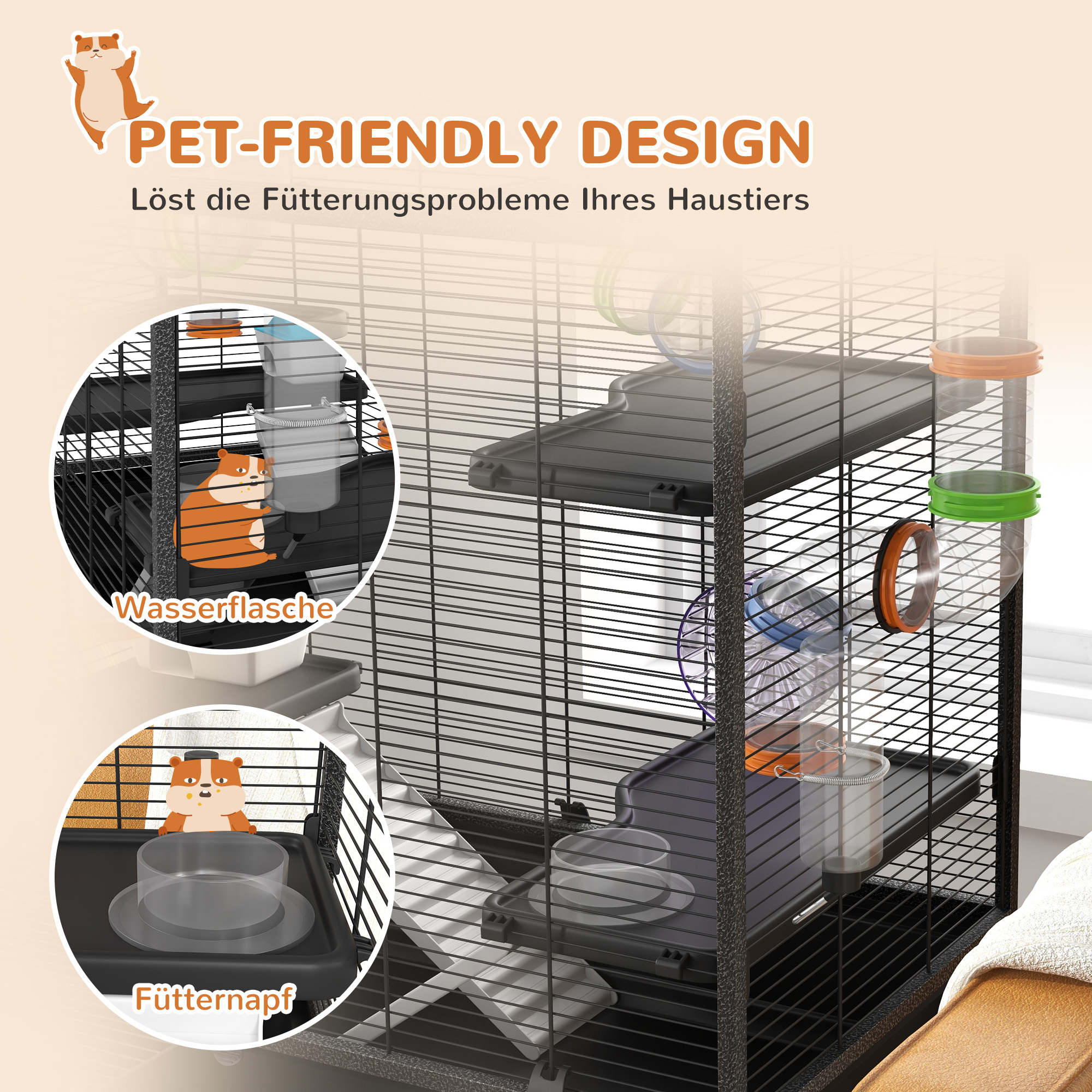 Hamsterkooi met Buizen, Looprad, Huisje, Waterdispenser, 109 x 82 x 46 cm, Zwart