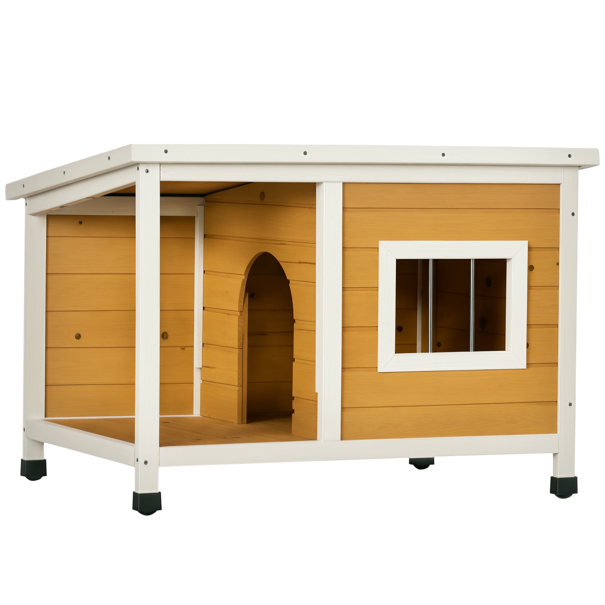 PawHut Hundehütte mit Veranda, aufklappbares Dach, Fenster, verstellbare Füße, Naturholz, orange, 85,5 x 62 x 60 cm