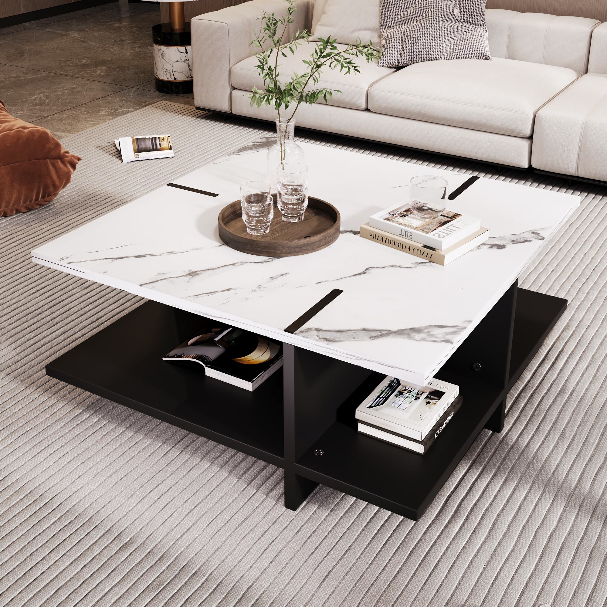 Quadratischer Couchtisch, modernes minimalistisches Design, weiße Marmoroptik, vier offene Ablagefächer, 72×72×31.5 cm，Schwarz Weiß