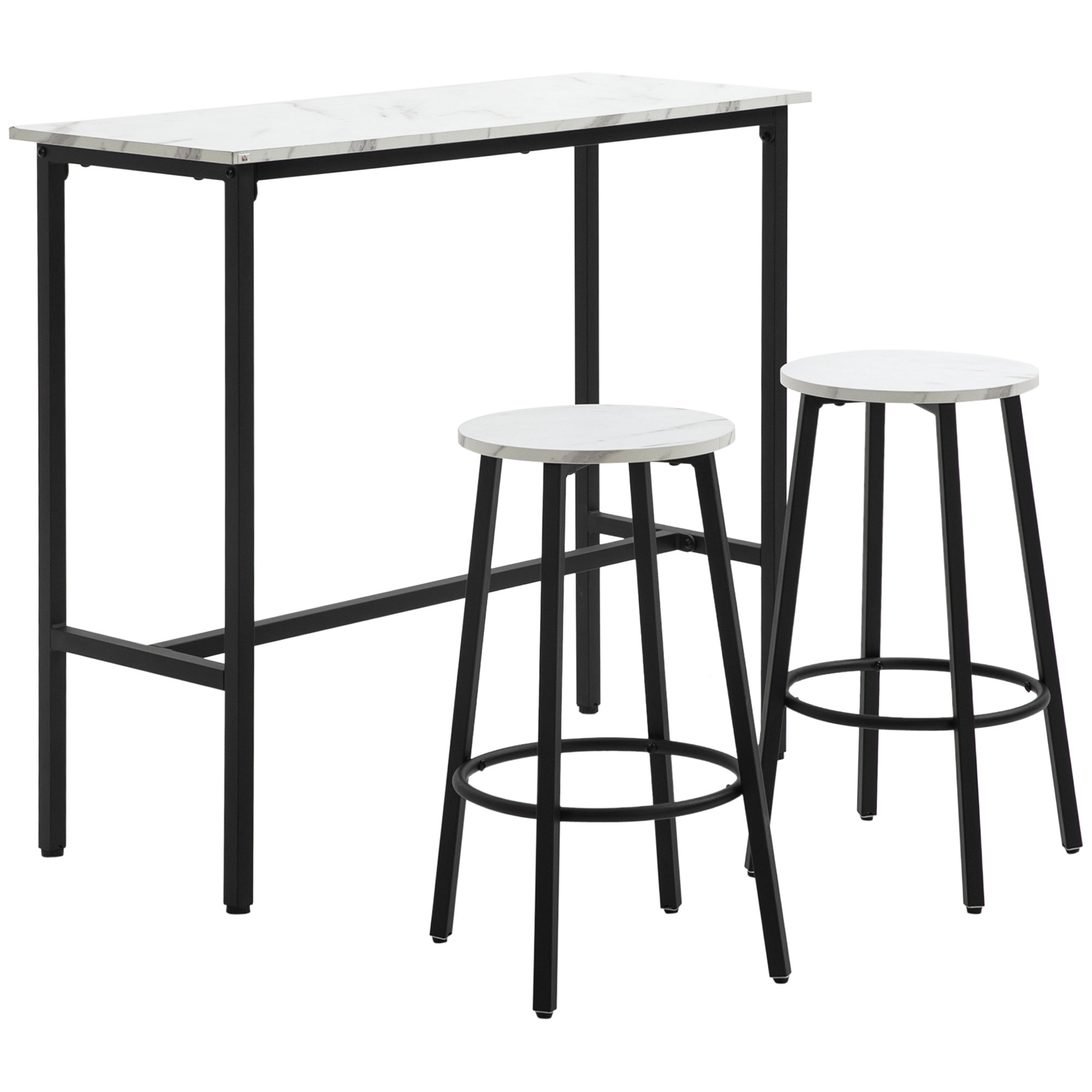 HOMCOM Bartisch-Set + 2 Hocker Stahlrahmen marmorierte Oberfläche 2 Personen Weiß