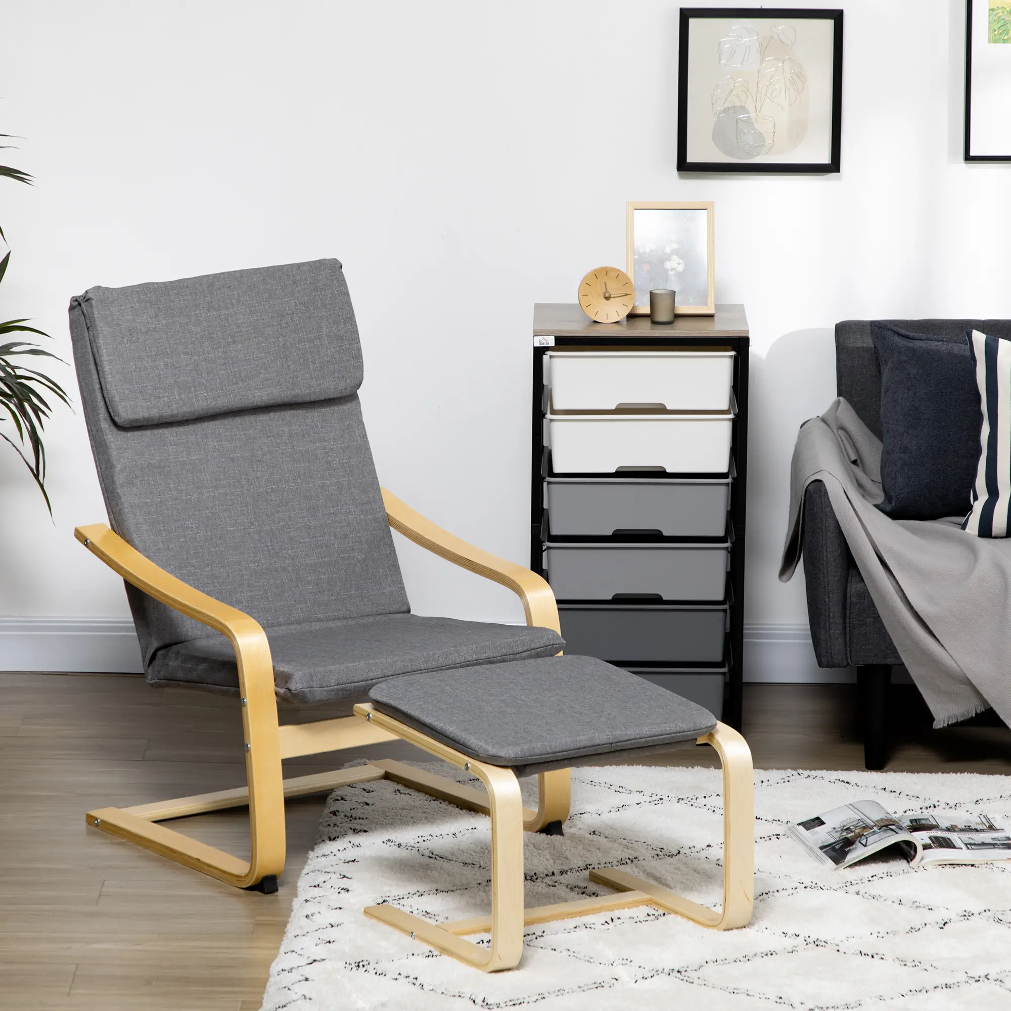 HOMCOM Relaxsessel mit Fußhocker, Leinenbezug Grau, 66,5×80×99 cm