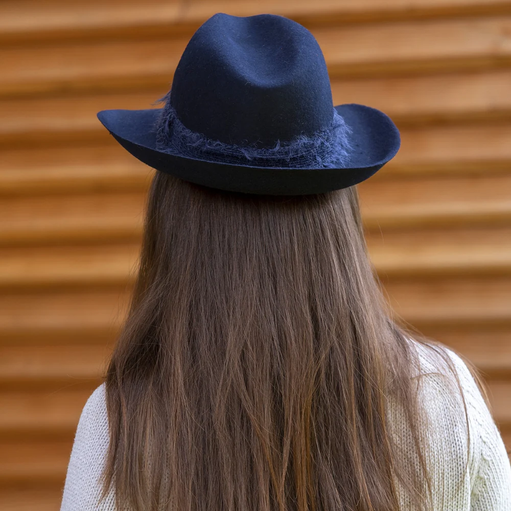Navy Fedora Mohair Band Hat �C 100% Wool, Designed in France, Made in Italy