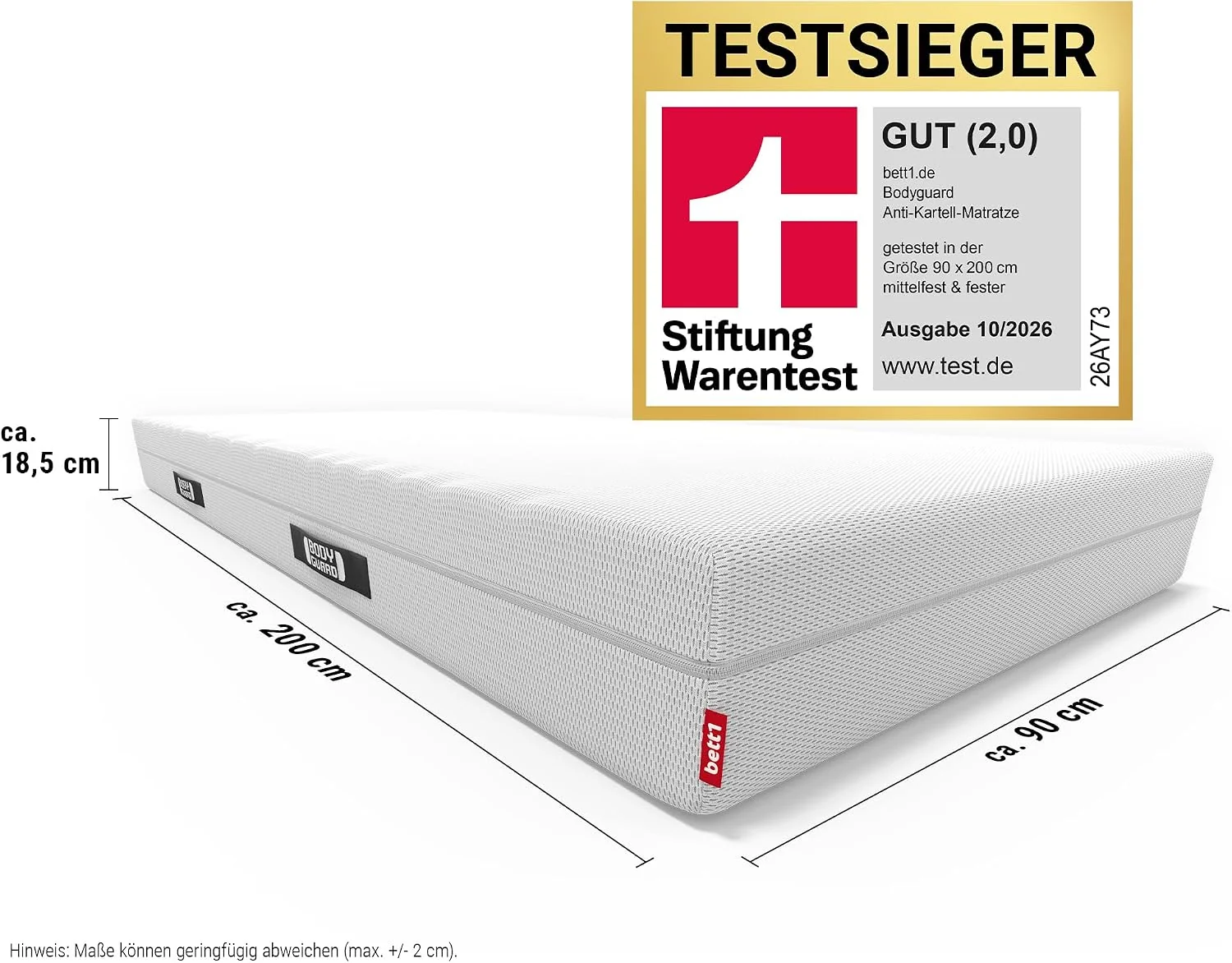 bett1 BODYGUARD Anti-Kartell-Matratze aus QXSchaum mit waschbarem Bezug