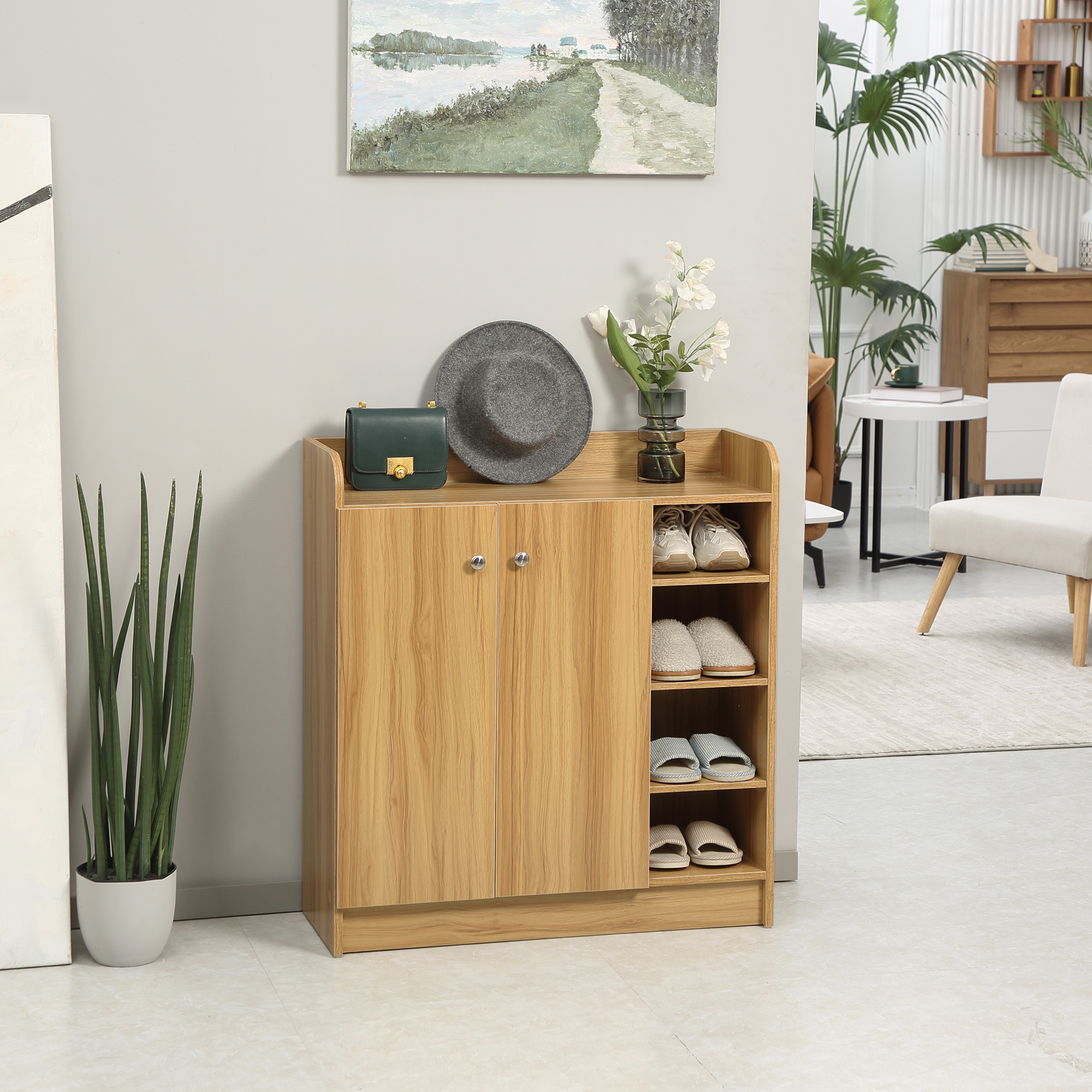HOMCOM Schuhschrank für den Eingangsbereich mit 4 offenen Fächern und Doppeltürschrank - Verstellbares Regal