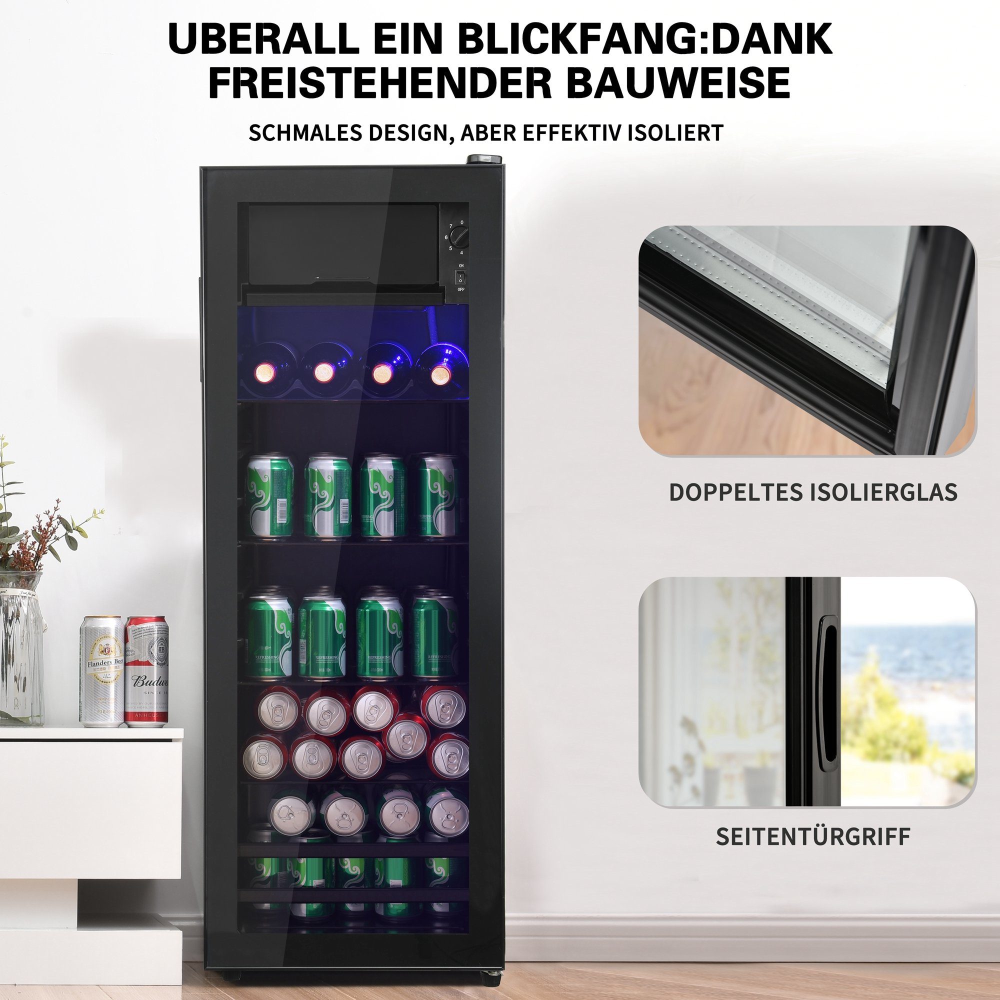 Kühlschrank 128L mit Gefrierfach, Glastür, LED-Beleuchtung, verstellebare Ablage, Getränkekühlschrank SC-128P