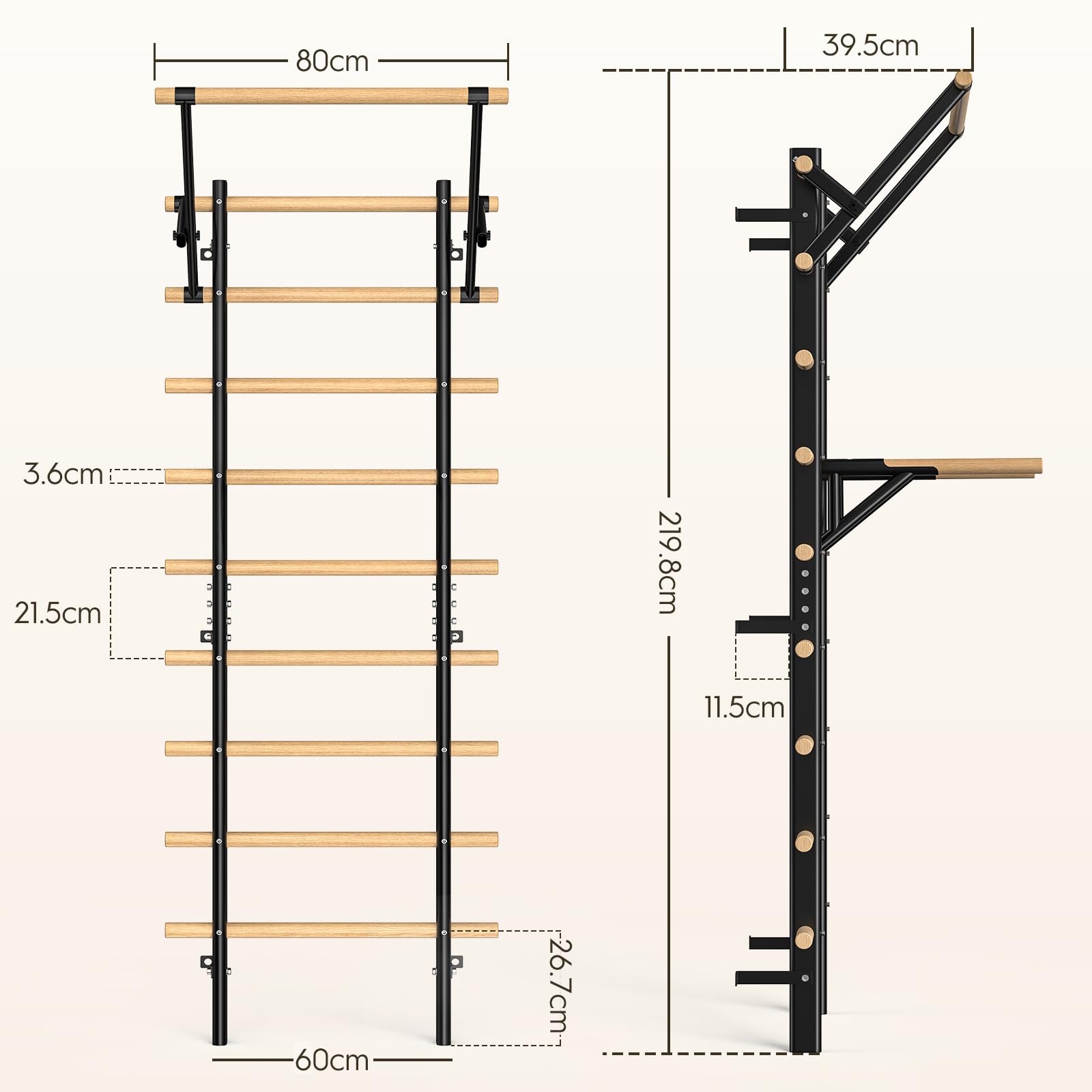 Sprossenwand mit Klimmzugstange und Dip-Barren aus Buchenholz, 220 cm, höhenverstellbar