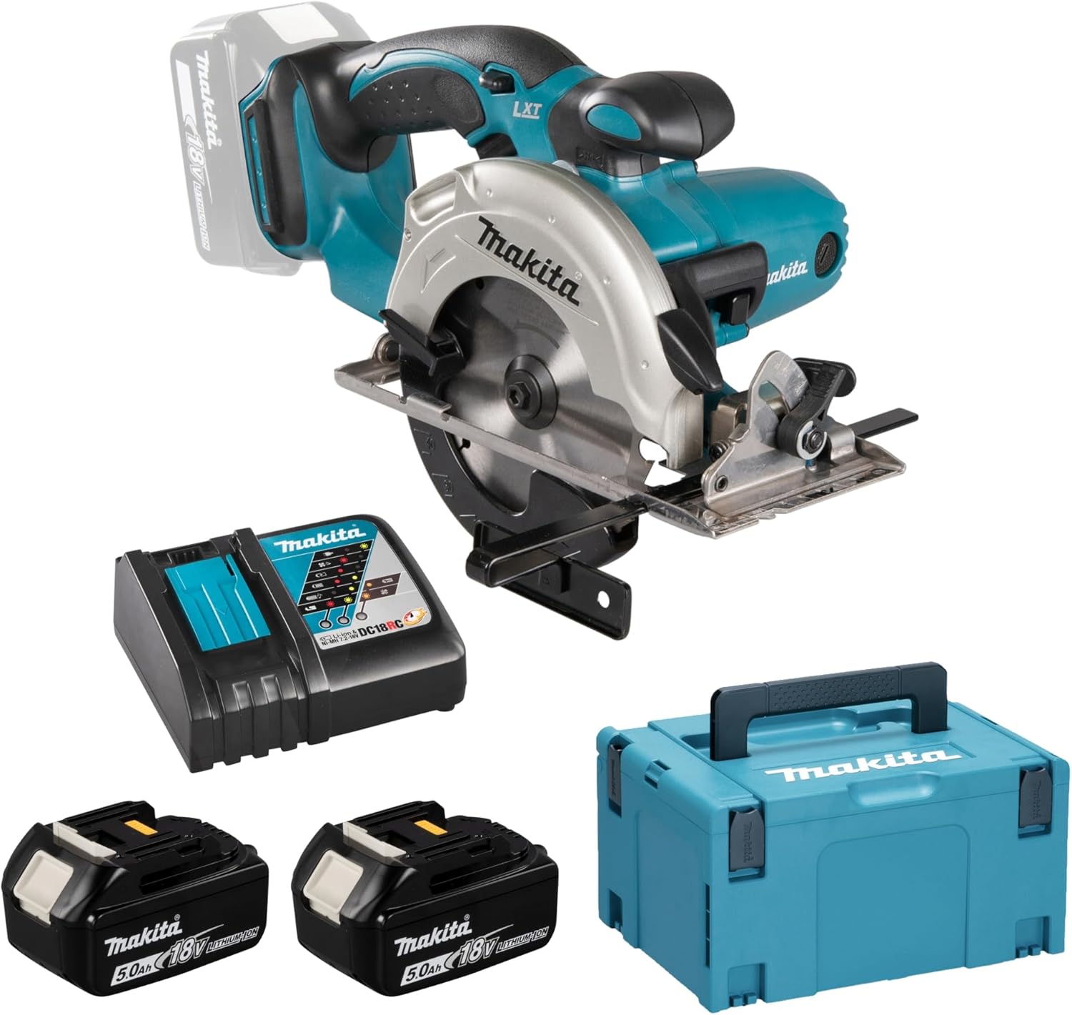 Makita Akku-Handkreissäge 51 mm, (18 V/5 Ah, 2 Akkus und Ladegerät im Makpac), DSS501RTJ, Schwarz, Blau