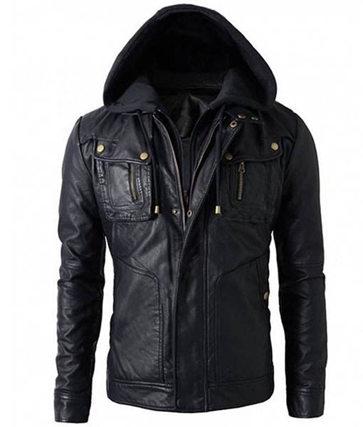 Men’s Biker Style Black Faux Leather Jacket with Hoodie