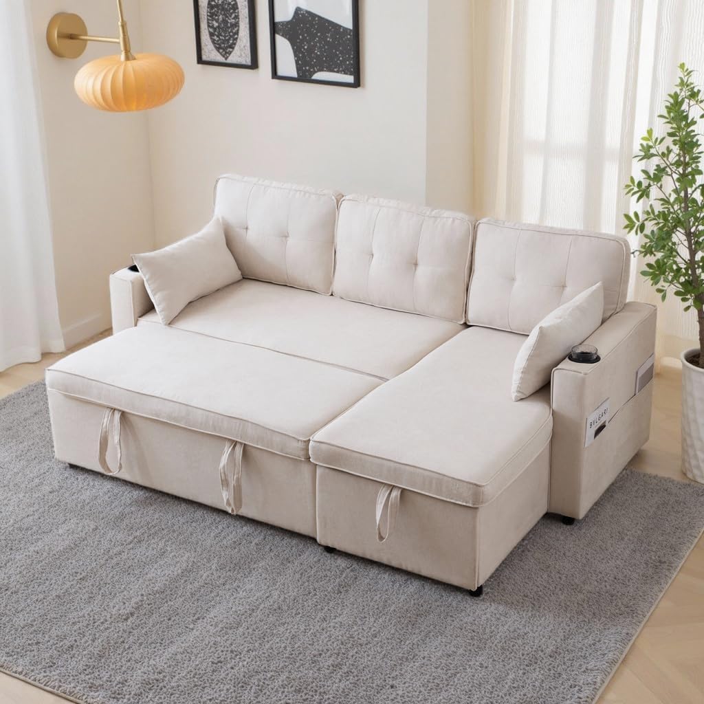 Soweiz Divano letto con funzione di sonno, divano a forma di L, design moderno, poltrona lounge con vano portaoggetti, con portabevande, divano letto, soggiorno e sinistra, intercambiabile (beige)