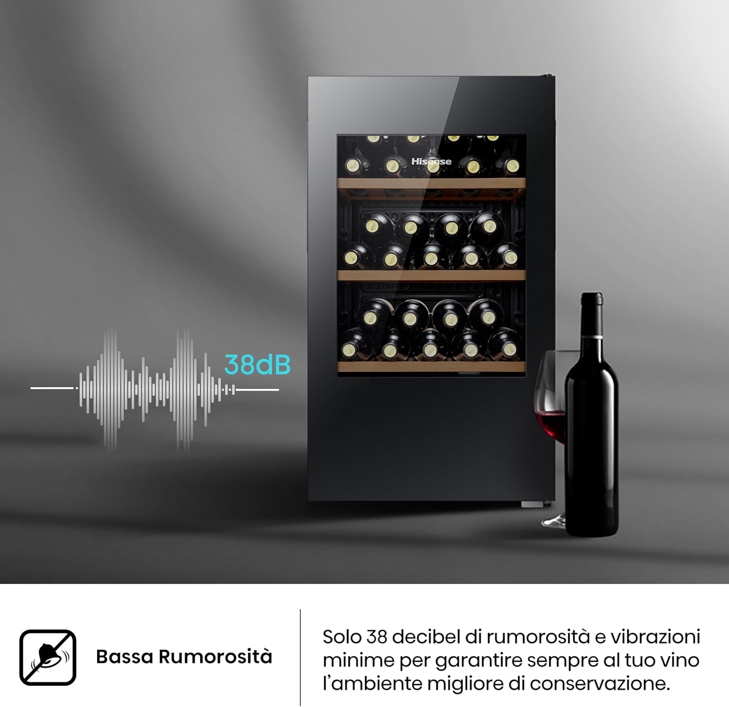 Hisense MWC4894GF Wine Cellar 30 Bottles, Monotemperature, Anti-UV Glasses, Wooden Shelves, Touch Display, LED Lighting, Year 2023