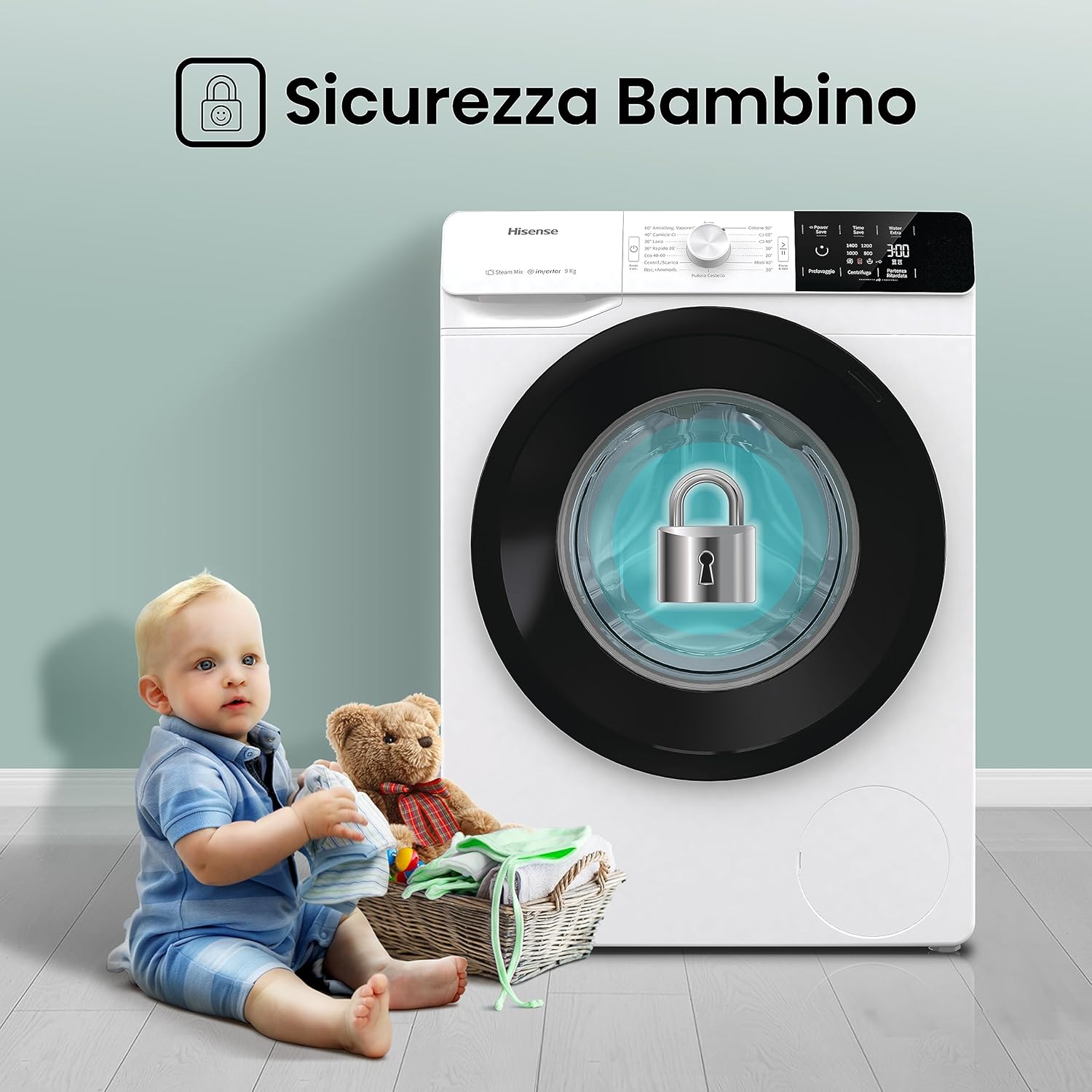 Hisense WFVB7012EM Front Load Washing Machine 7 kg 1200 rpm 15 Programs Steam LED Display Rapid Program Delay Start Child Lock