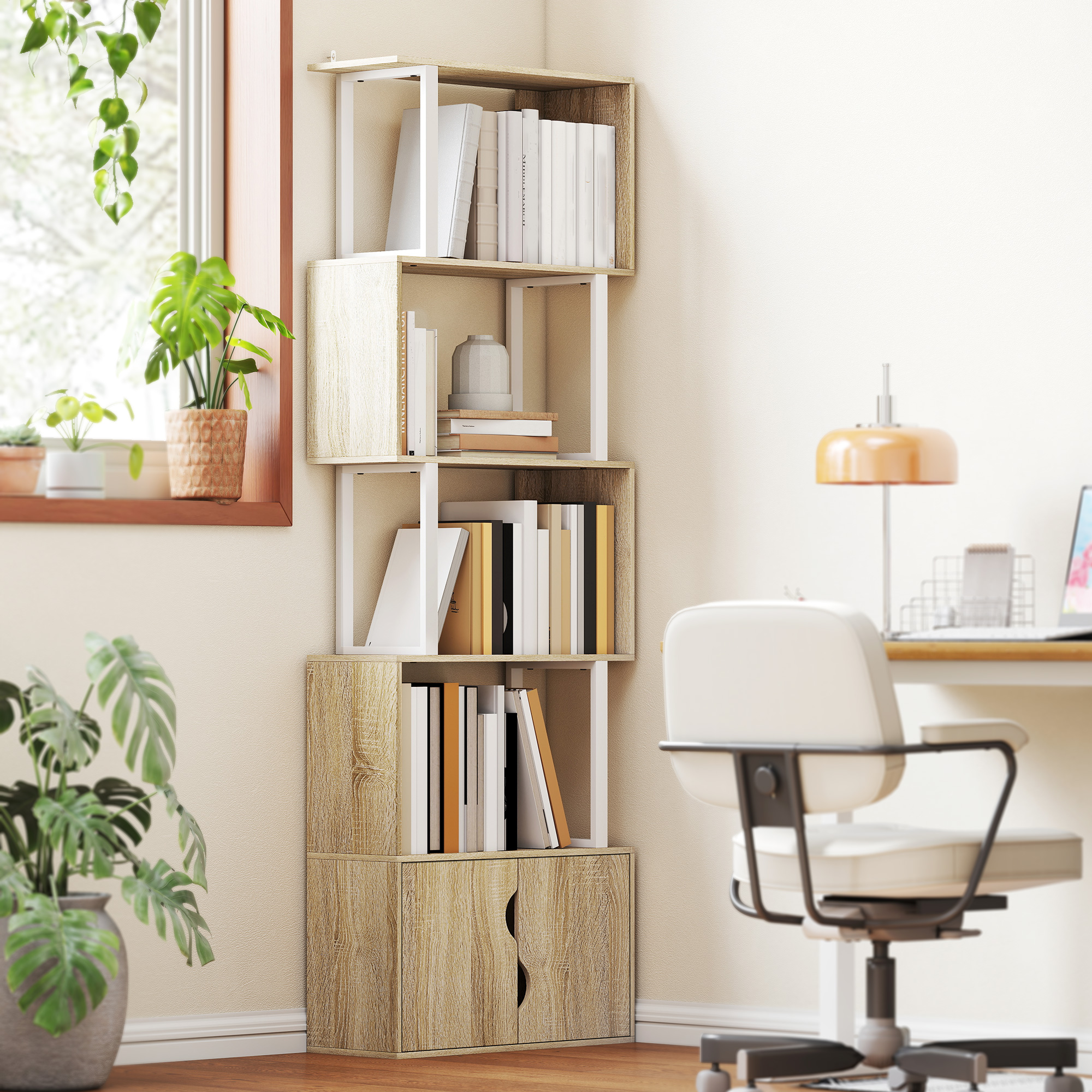 HOMCOM Bücherregal mit 5 Ebenen, Aufbewahrungsregal mit Regalen und doppelter Schranktür, 60 x 23,8 x 179,2 cm, Naturholz
