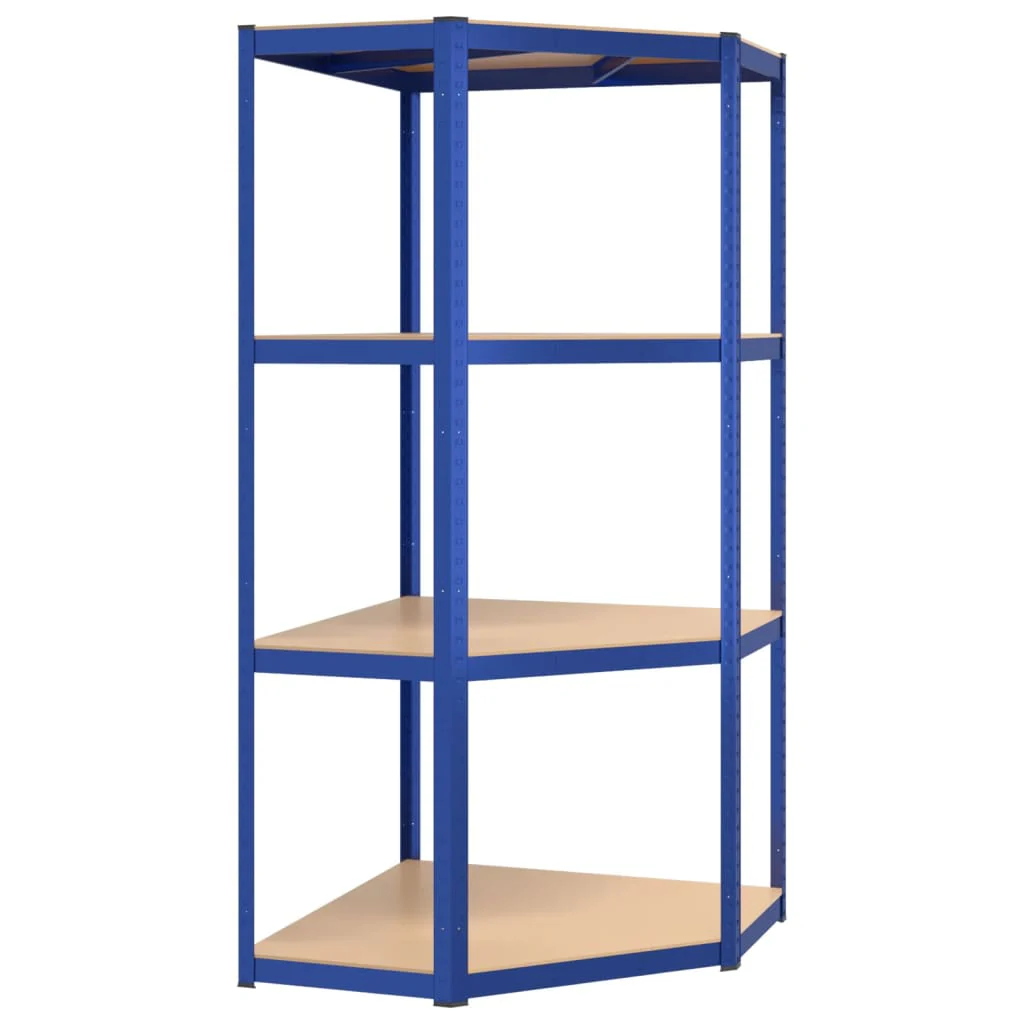 Scaffale ad angolo con 4 ripiani Blu Acciaio e Pannello di fibra