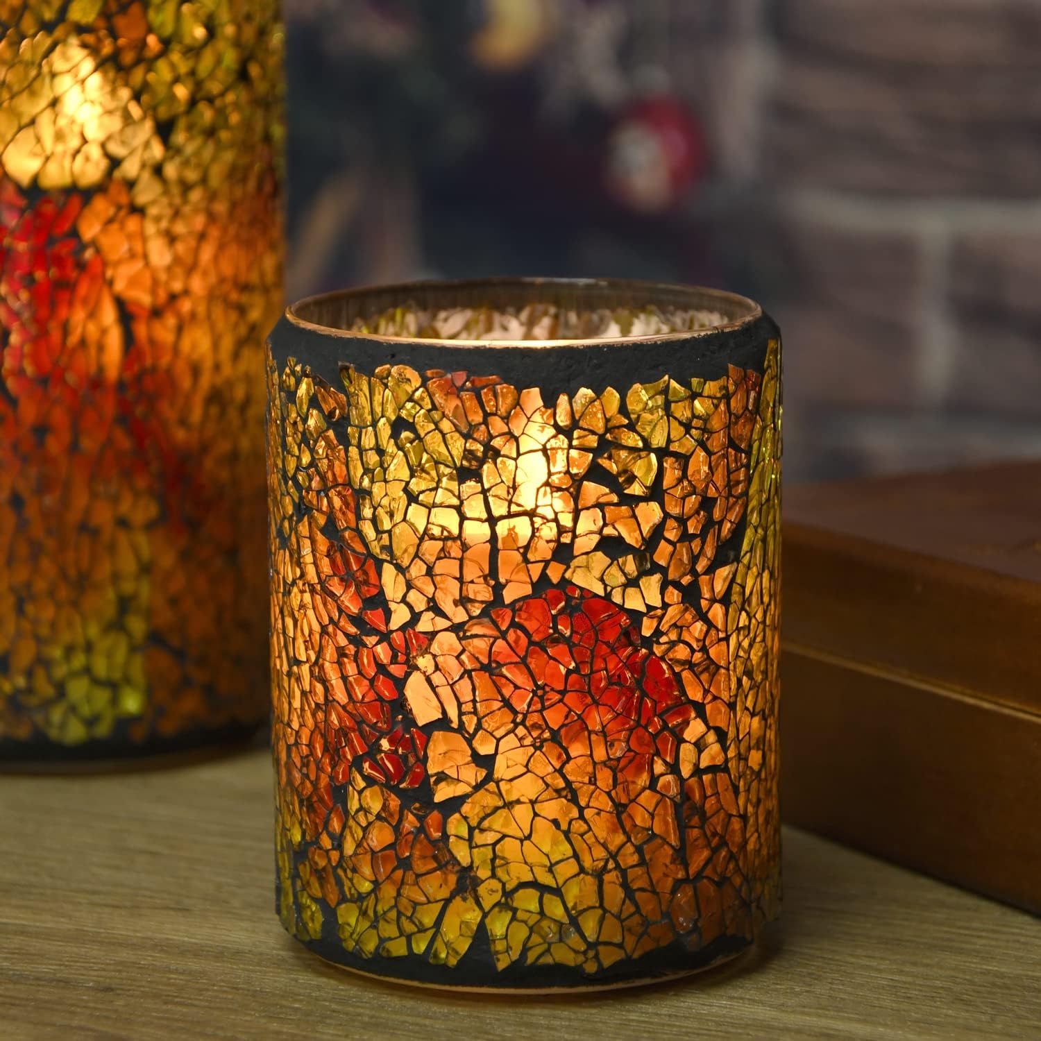 TELOSMA LED Mosaik flammenlose Kerze, rot gelb rissiges Glas Muster beweglicher Docht Stumpenkerze – Tafelaufsätze Kegelbett Kamin Herbst Dekor – Set von 3