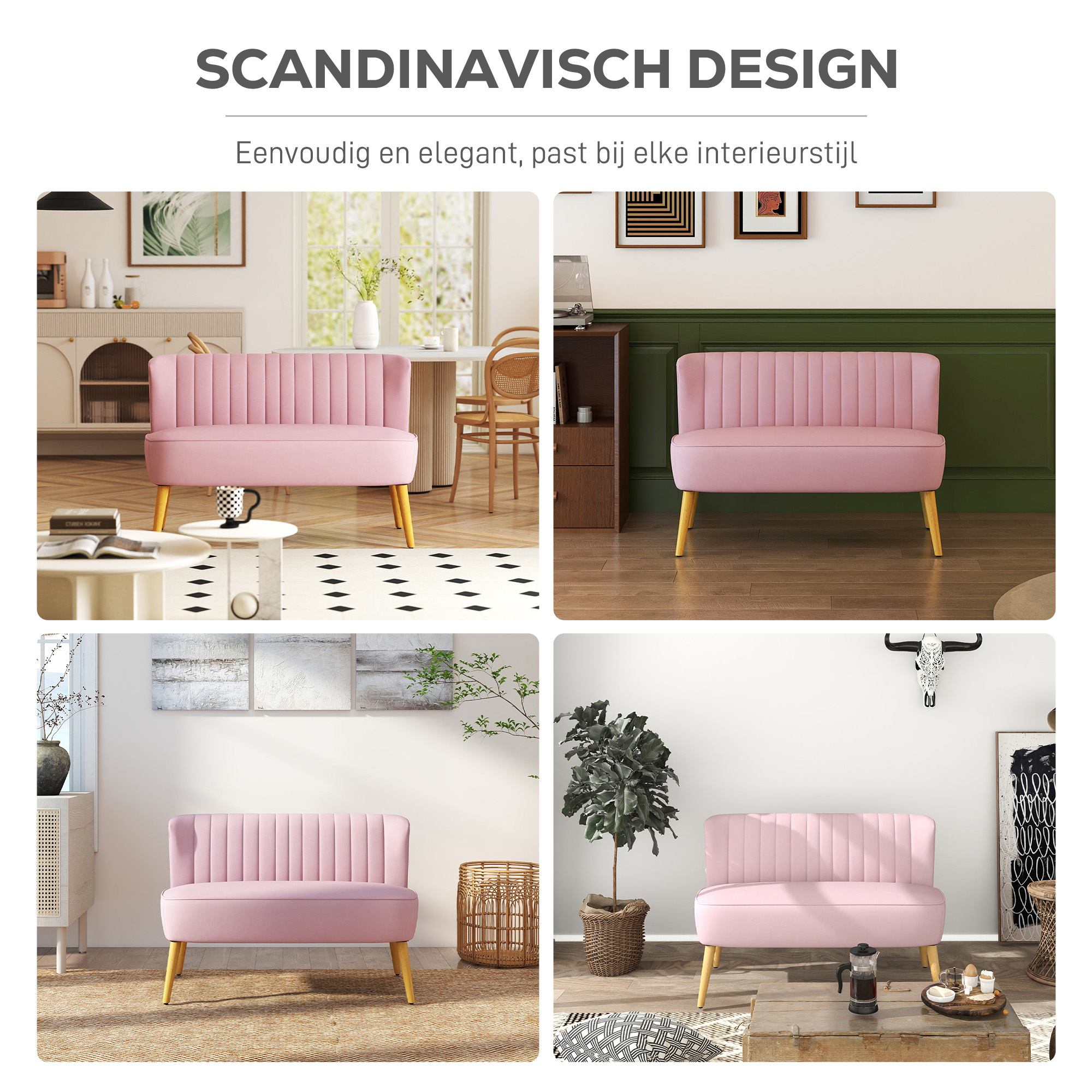 HOMCOM Sofa Retrodesign 2-zitsbank, houten poten, 117 cm x 56,5 cm x 77 cm, Roze