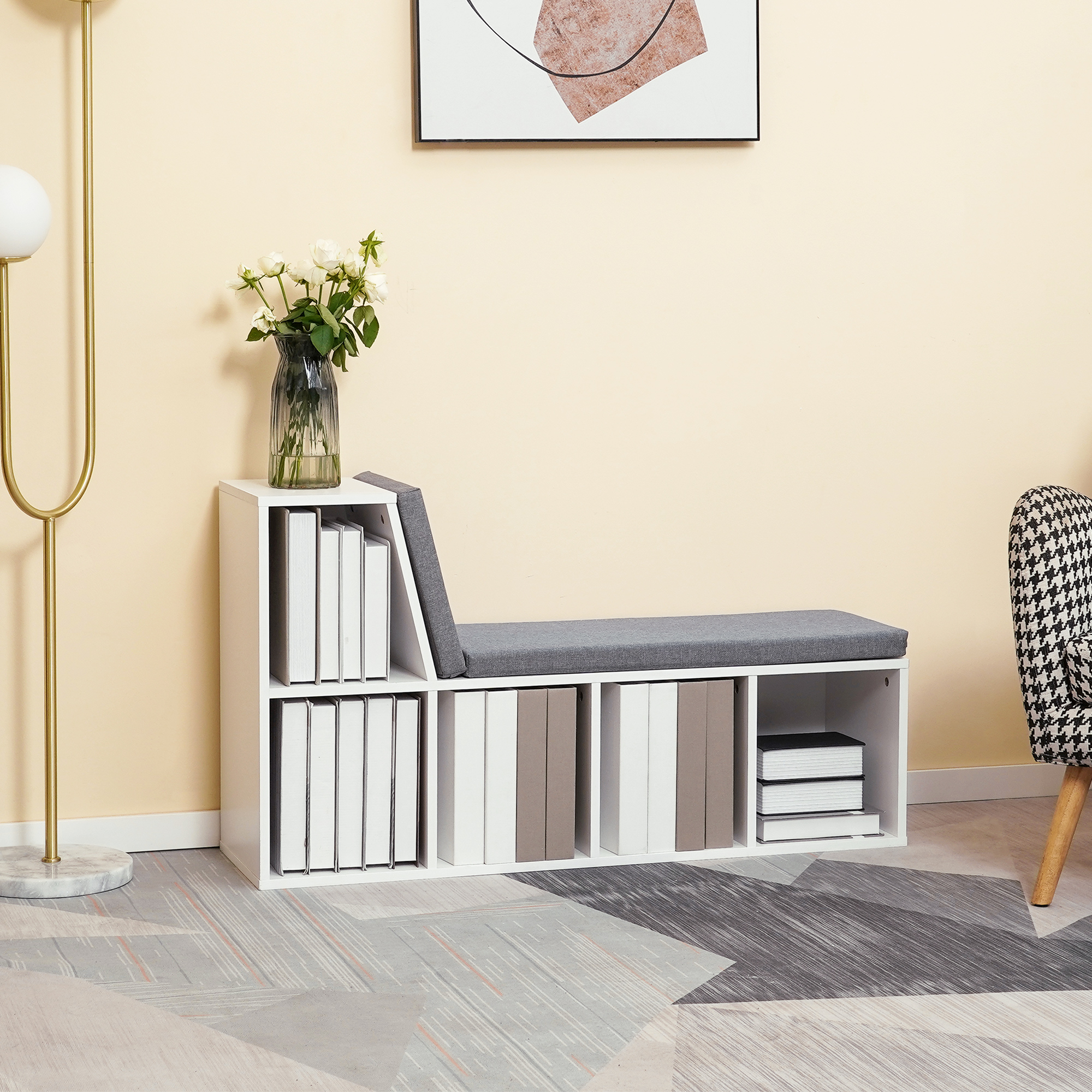 HOMCOM Bibliotheksbank 2 in 1 mit 5 Aufbewahrungsfächern und 2 Kissen 108 x 30 x 60 cm Weiß Grau