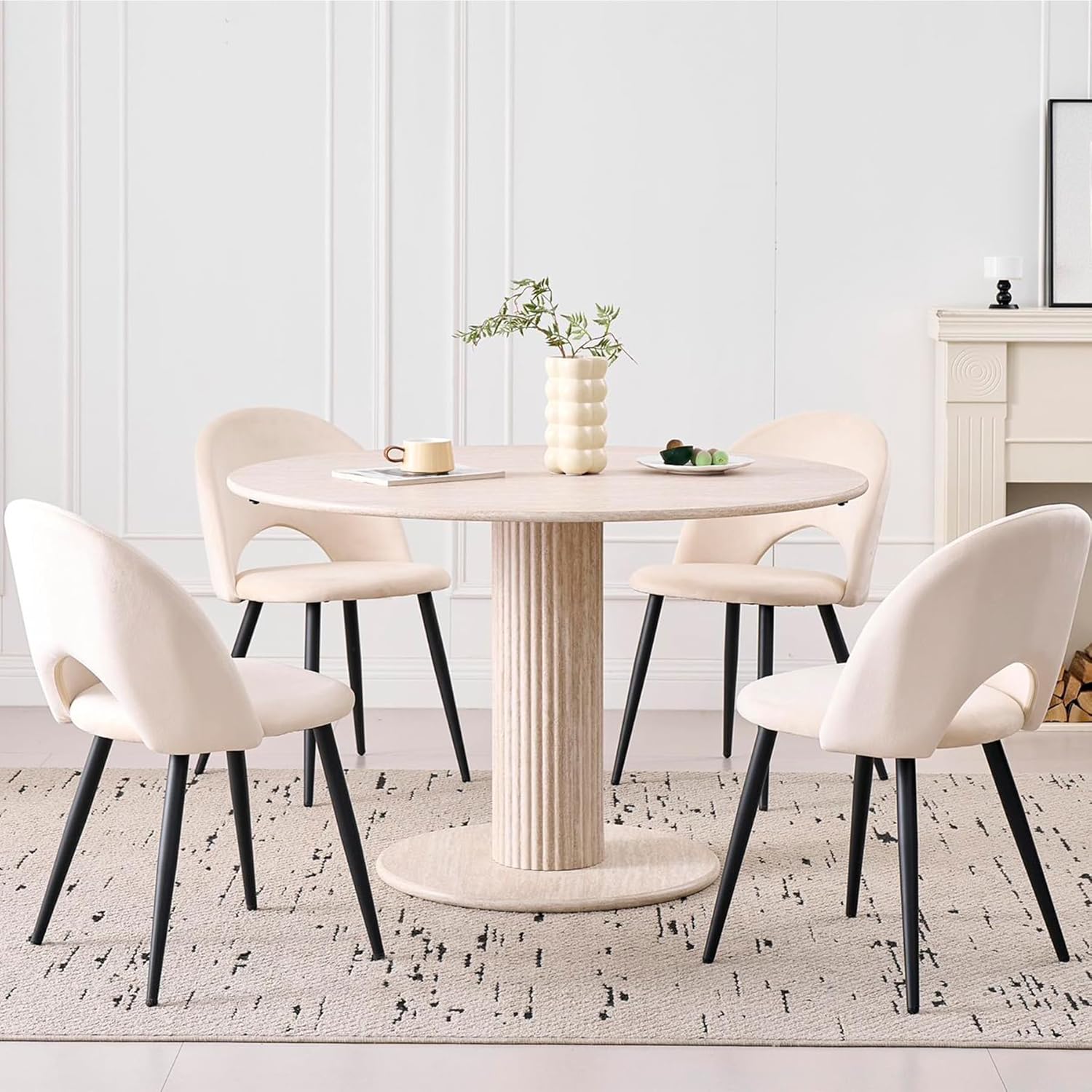 115cm Runder Esstisch mit 4 Esstischstühlen, Küchentisch aus MDF (Travertin-Maserung) und 4 Stühle für Küche, Esszimmer, Wohnzimmer und Büro (Beige)