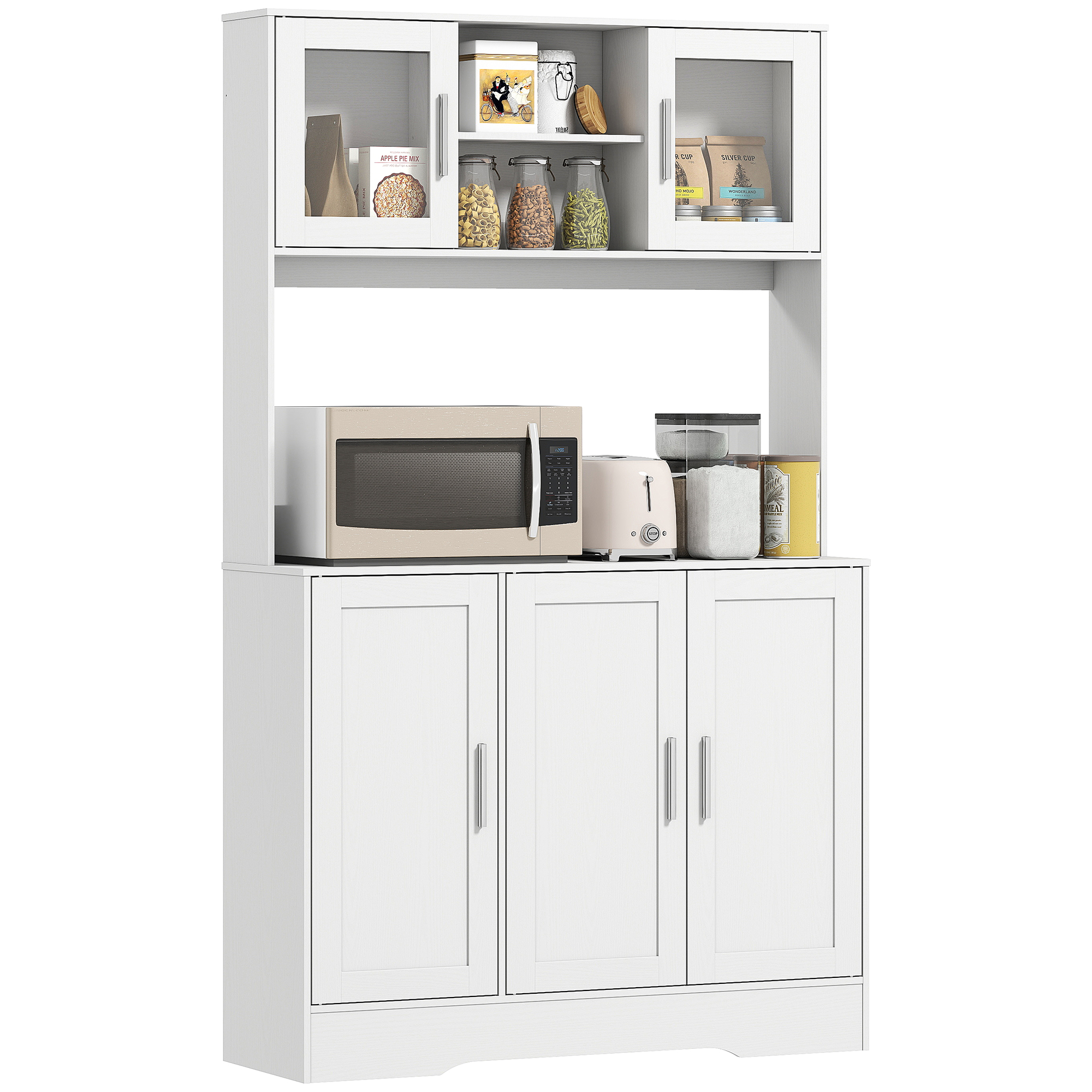 HOMCOM Keukenkast, Scandinavisch Design, 4 Kasten, Verstelbare Planken, Glazen Deuren, Open Vak, Spaanplaat, MDF, Wit