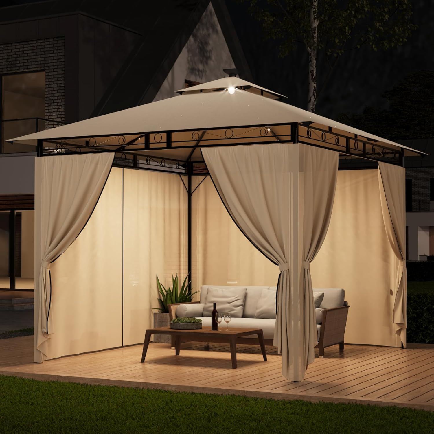 3 x 3 Waterproof Cold Proof Gazebo Garden Gazebo with Metal Frame, Patio Gazebos, Beige