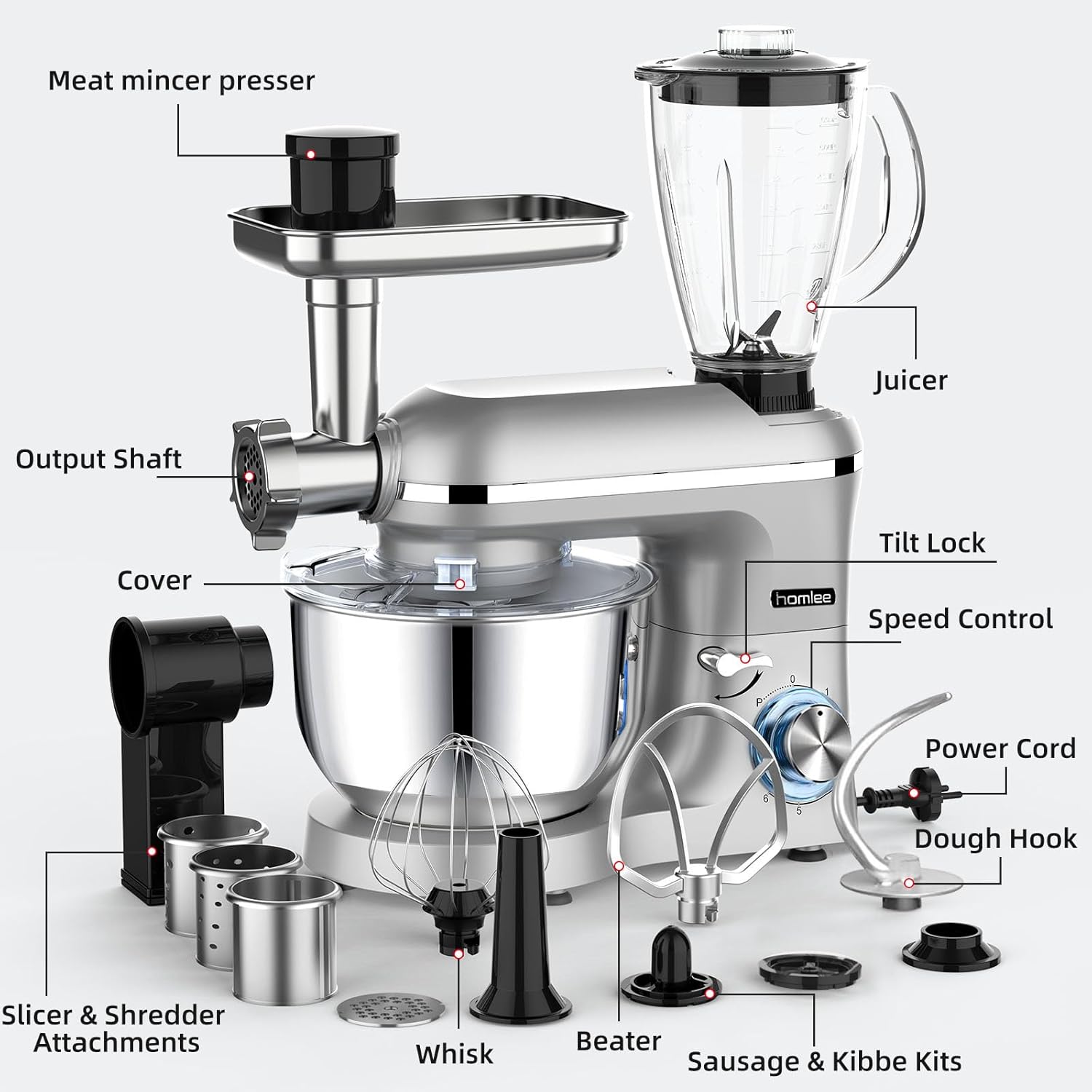 Homlee 3 in 1 Küchenmaschine 1800W Multifunktionale Knetmaschine 6-stufige Gescheindigkeit Mixer, mit Fleischwolf, 1.5L Saftpresse, 5.5L Edelstahlschüssel Teigmaschin