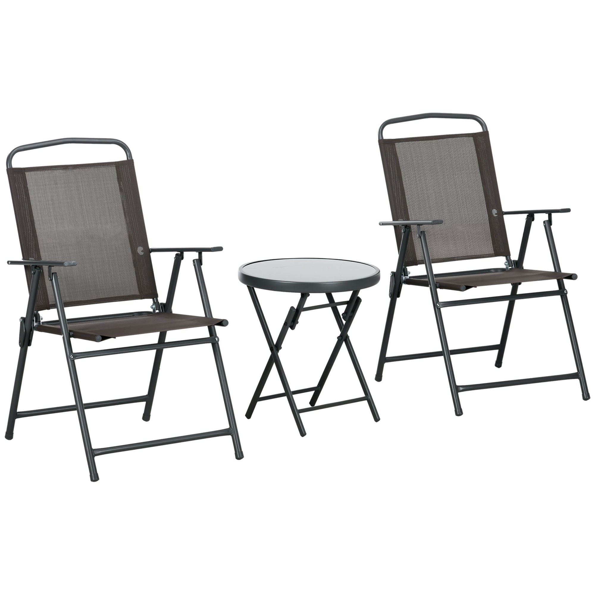 Outsunny Bistro-Set 3-teilig aus Metall Wetterfest Gartenmöbel Set mit klappbar Glastisch Gartenstühlen Braun