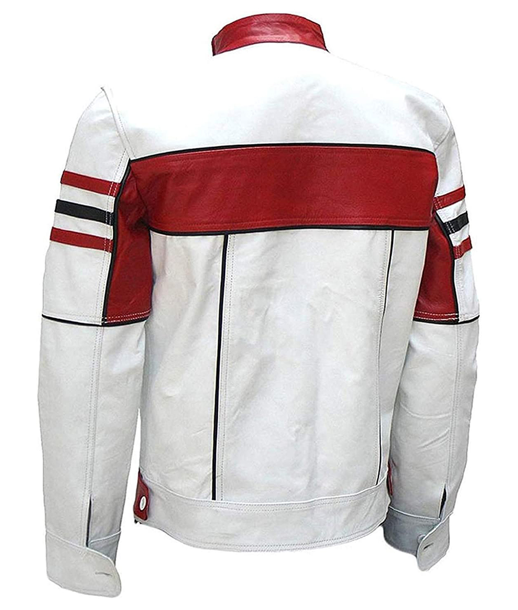 Mens White Biker Cafe Racer Leather Jacket