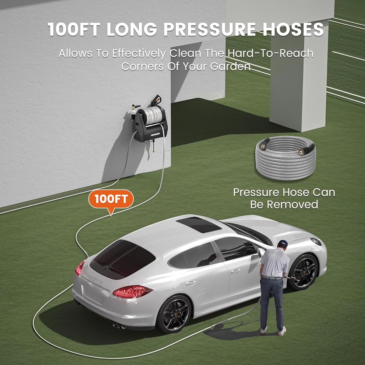 Giraffe Tools Grandfalls Retractable Wall Mount Pressure Washer Plus  Electric Power Washer with 100ft Pressure Hose  Max 2900PSI 2.2 GPM  Automatic Rewind  Any Length Lock  Dark Silver