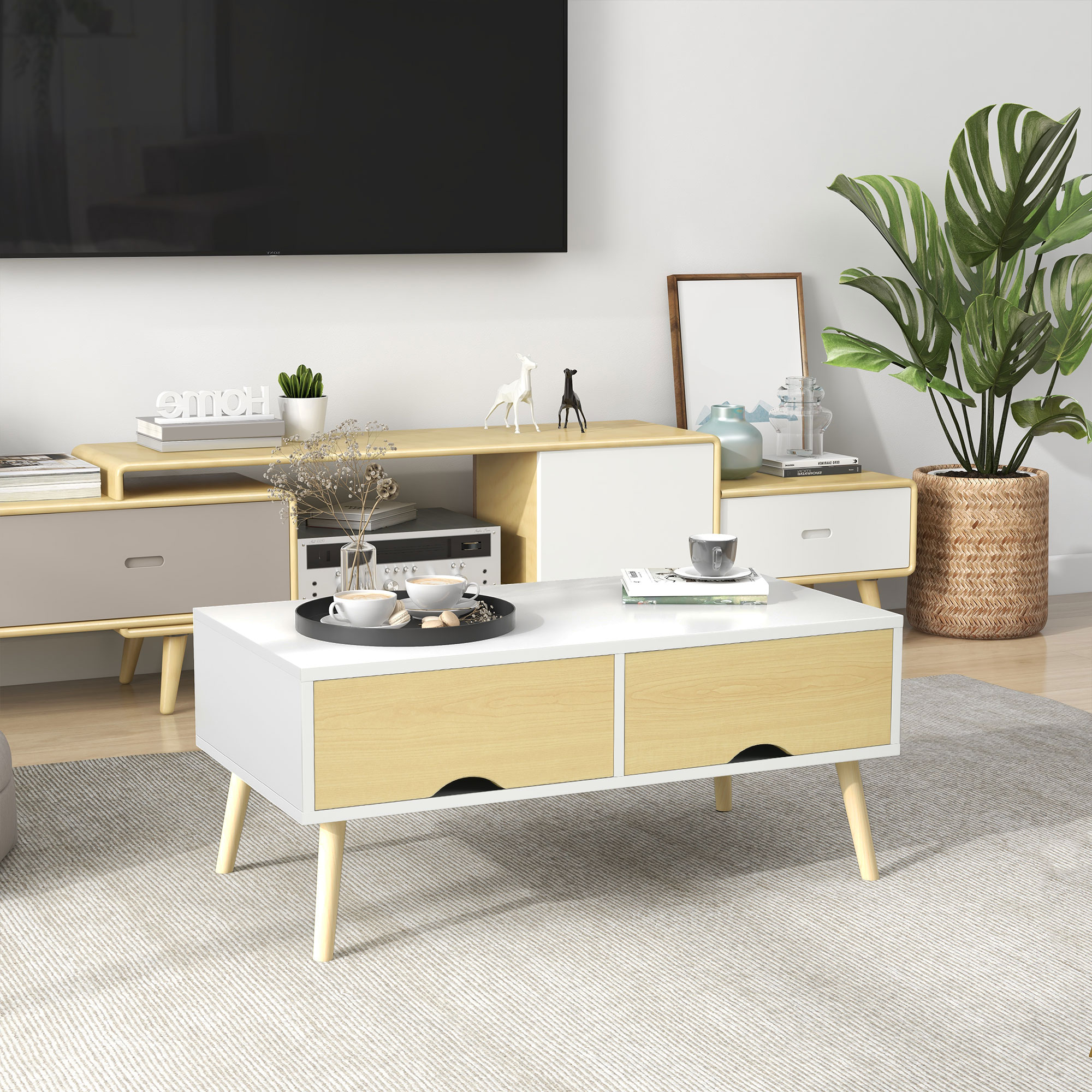 HOMCOM Rechteckiger Couchtisch mit 2 Schubladen und 1 offenem Fach 90 x 48 x 39 cm Weiß und Natur