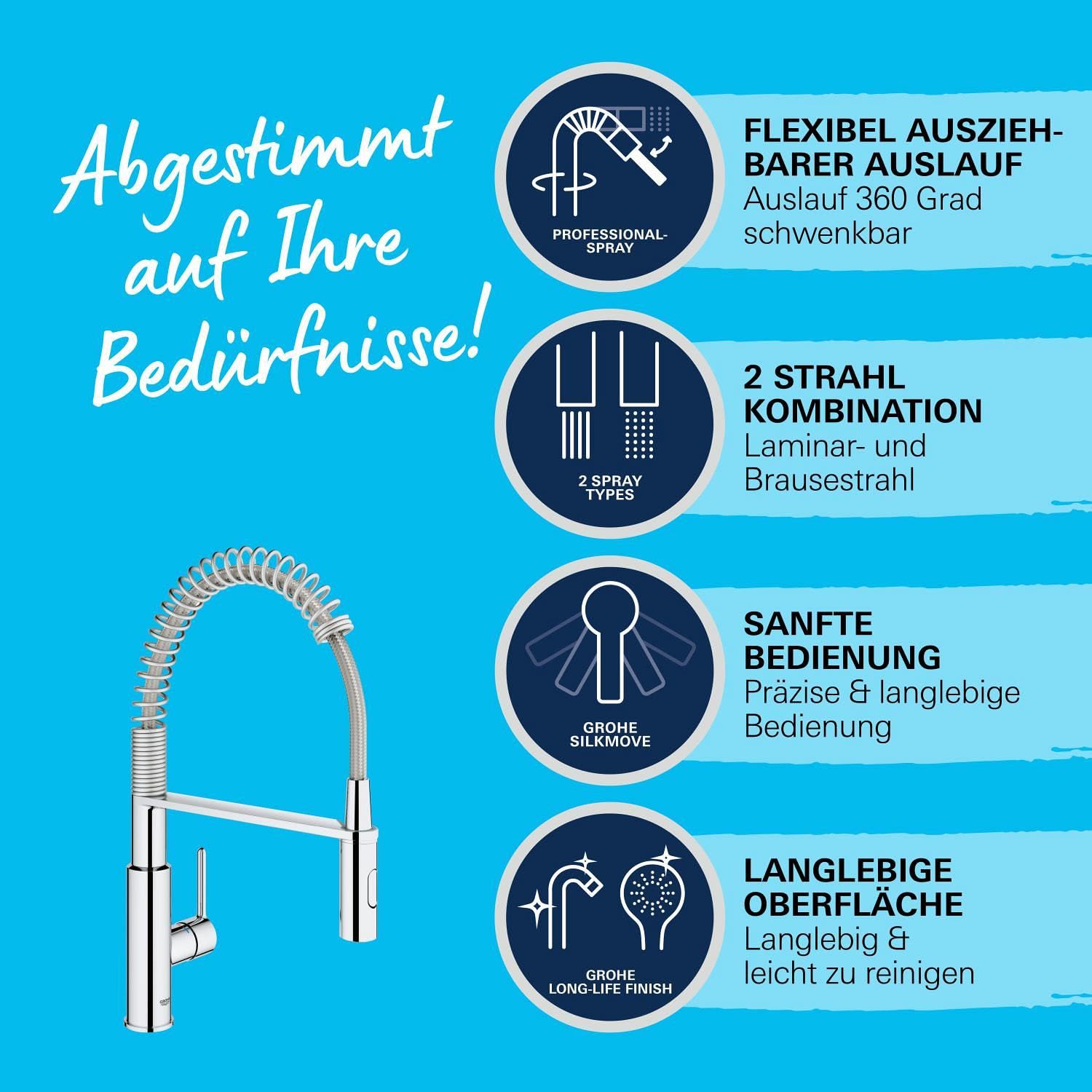 Küchenarmatur 30361000 mit herausziehbarer Brause 2 Strahlarten 360° schwenkbar 35-mm-Keramikkartusche Temperaturbegrenzer Chrom