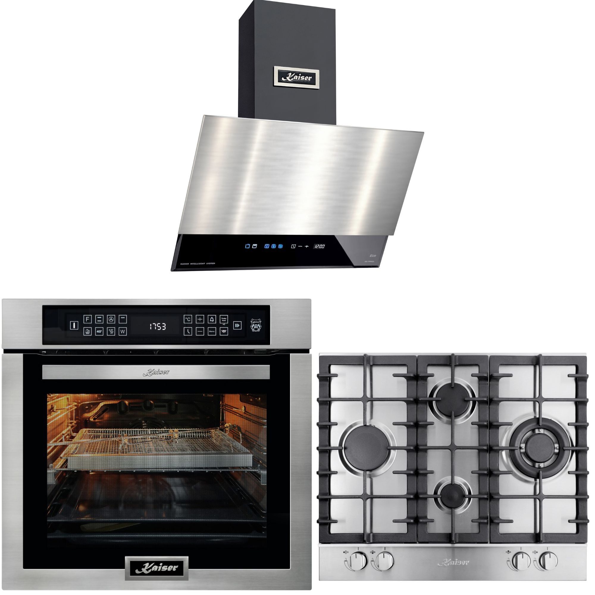 Backofen-Set Herd Set Autark Einbaubackofen,Edelstahl,86L 15 Fkt.+Einbau Gasherd, 60cm+Wandhaube 60 cm, Edelstahl,Schwarz Glas, 1250 m³/h EH 6306 N R + KG 6364+AT 6410 FR ECO