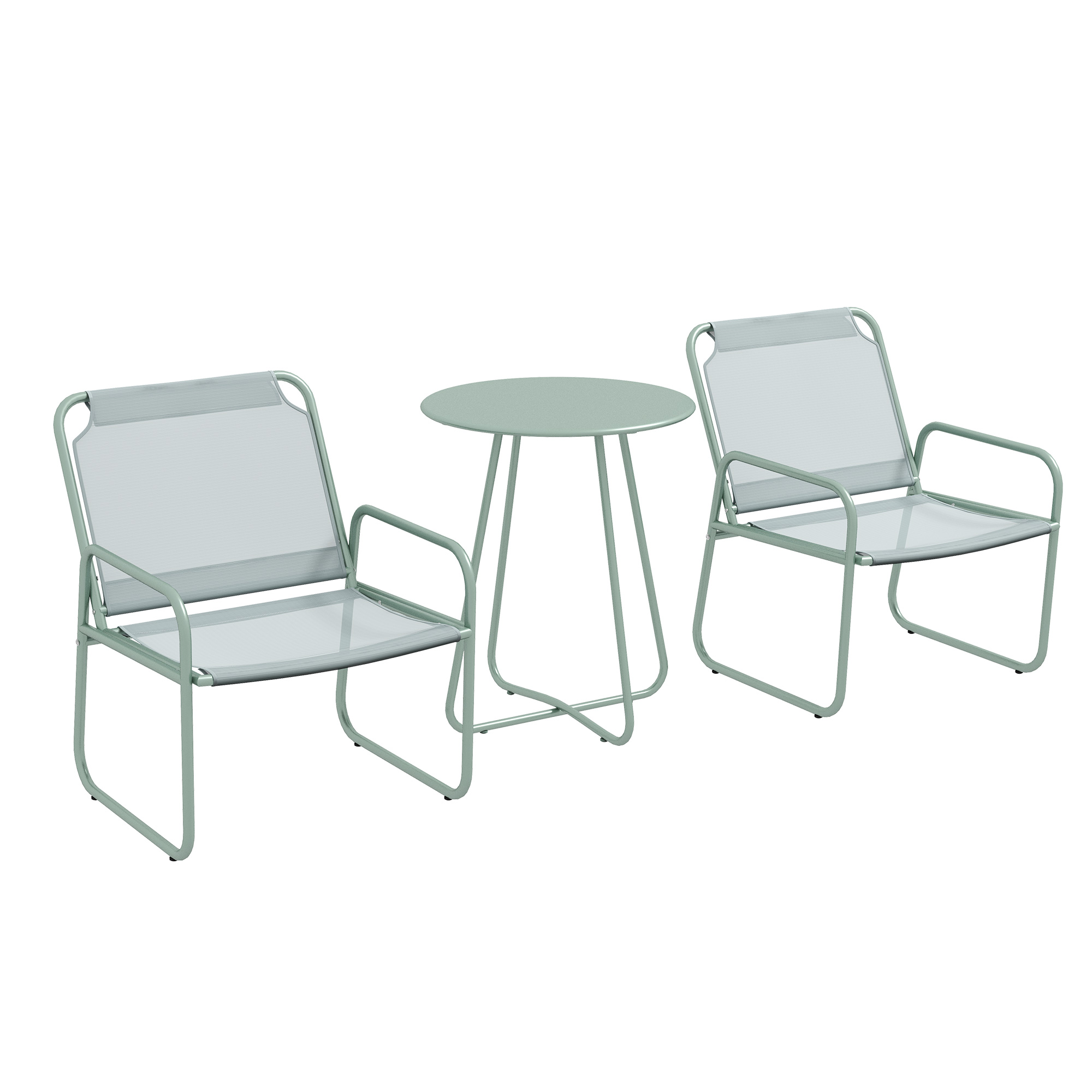 Outsunny 3-teiliges Gartenmöbelset, 2 Stühle mit atmungsaktivem Stoffbezug, 1 runder Tisch Ø60 cm, Grün