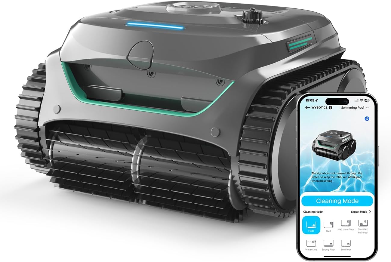 WYBOT C2 Robot Piscine Pareti e Fondo, Senza Fili per Piscine Interrate 150㎡, Doppia Filtrazione, 3 Motori, Aspirazione Potente, Pulizia Pareti & Linea d'Acqua, 180 Min, App(Grigio-Verde Grigio)