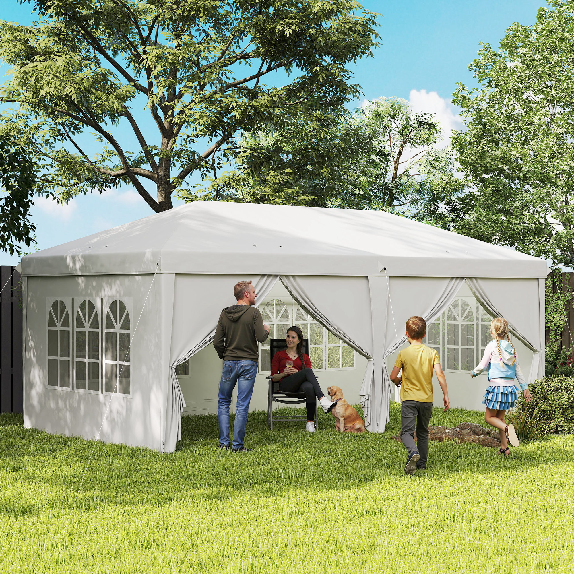 Outsunny Faltpavillon 6 x 3 m, abnehmbare Seitenwände, große Fenster, Reißverschlusstüren, Stahlrahmen, Weiß