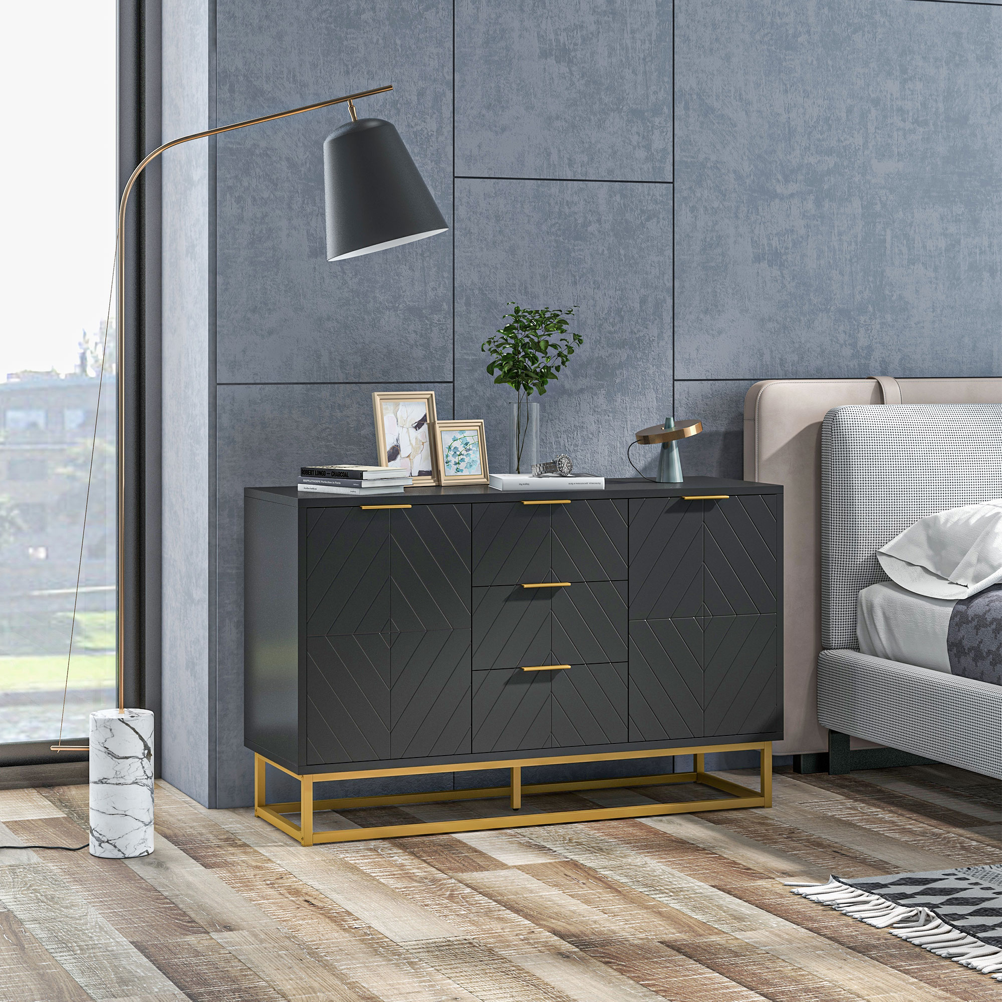 HOMCOM Buffet zeitgenössisches grafisches Design 2 Schranktüren mit verstellbaren Regalen 3 Schubladen in schwarzem Holz mit goldenem Metall