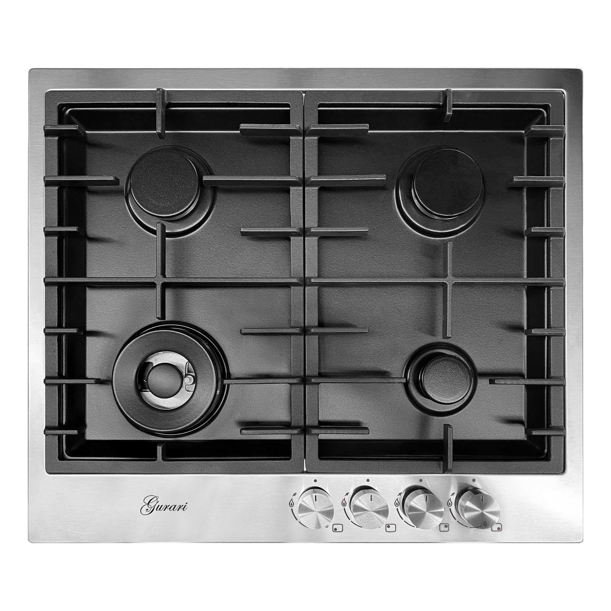 Gas-Kochfeld TX604VTGL 60 cm, Edelstahl - Schwarz 4,0 KW WOK, 4 Gasbrenner, Autark