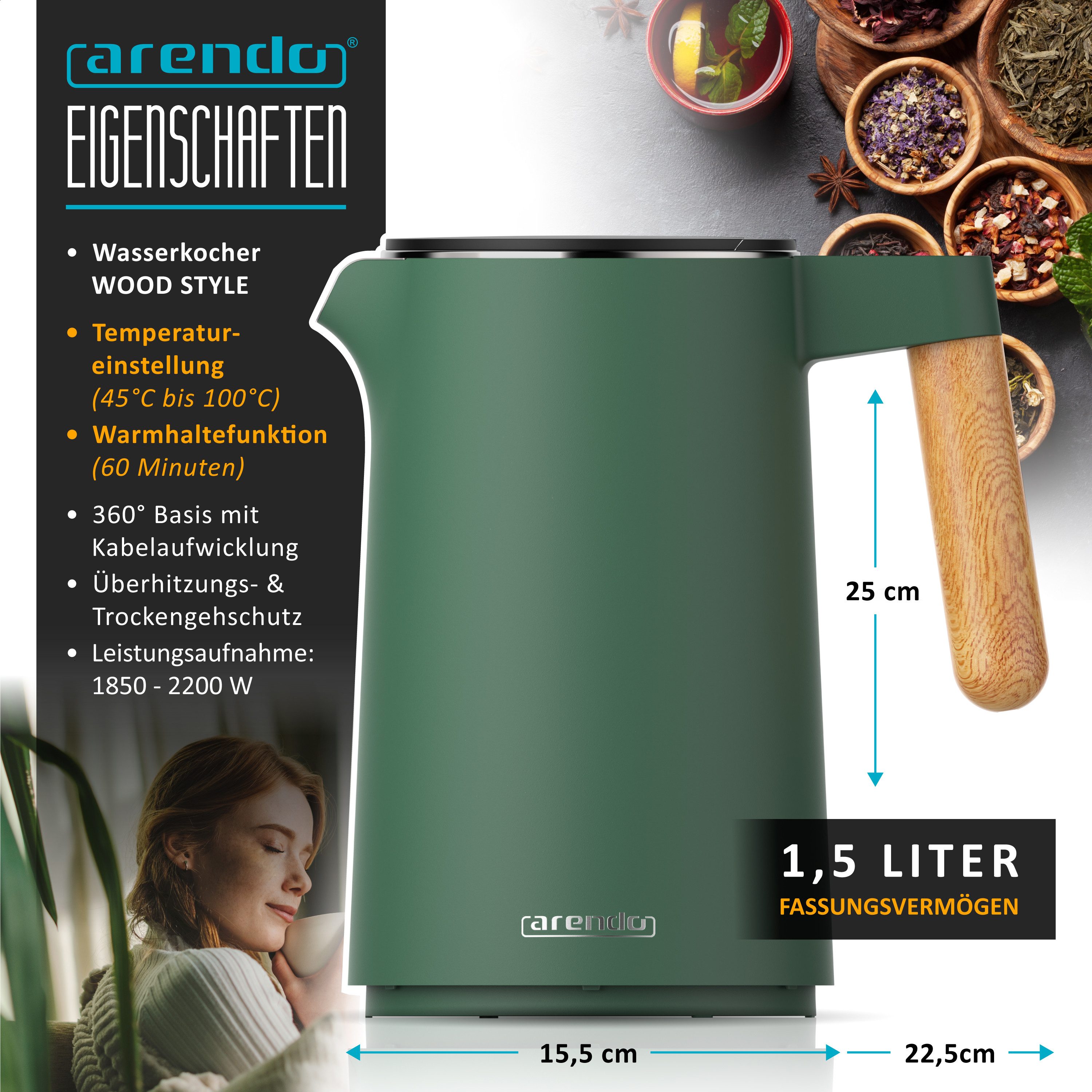 Wasserkocher Edelstahl, Doppelwand, Temperatureinstellung 40° - 100 °C mit Anzeige