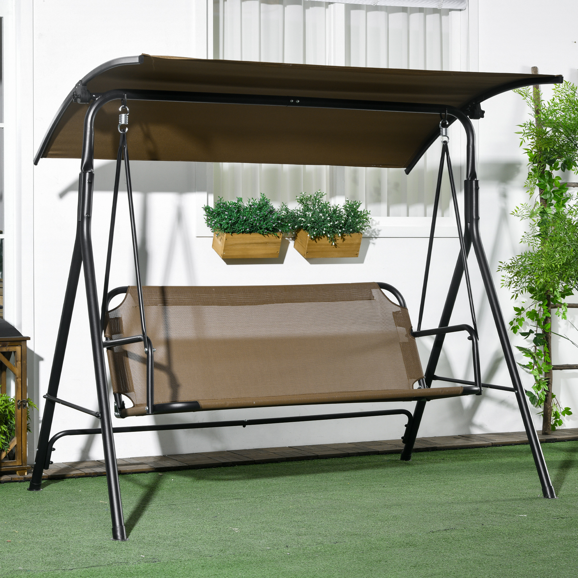 Outsunny Gartenliege 3-Sitzer mit Verstellbarem Sonnendach, aus Stahl und Polyester, 172x110x153 cm, Braun und Grau