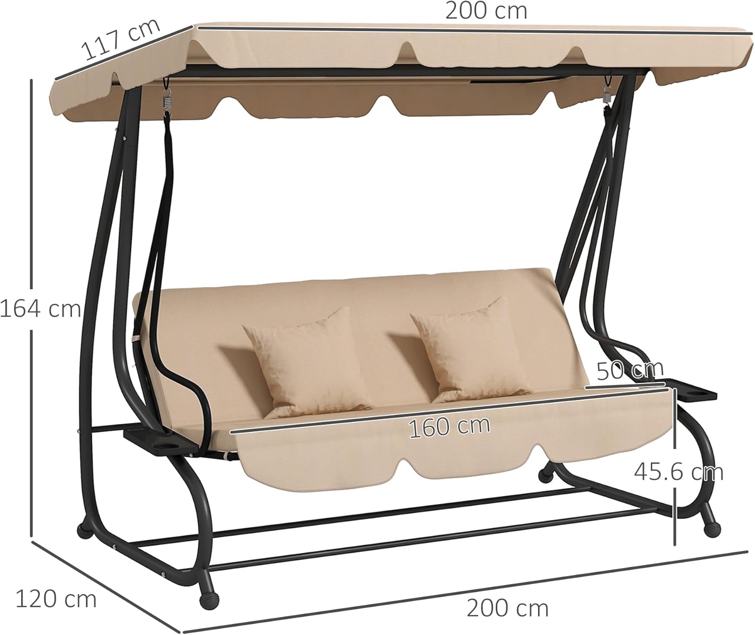 3 Seater Garden Swing Bed with Adjustable Roof and Tray 200 x 120 x 164 cm Light Brown