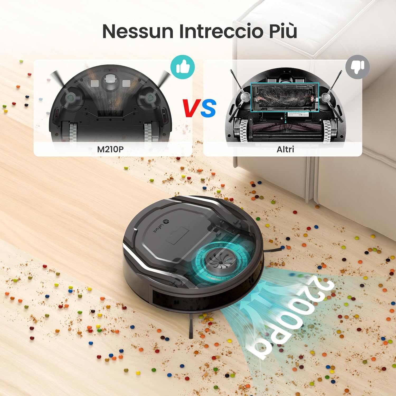 Lefant Robot Aspirapolvere con 2200Pa, Senza Grovigli,7,6cm Ultra Sottile,Autocaricante,Wi-Fi/App/Alexa,120 Minuti,6 Modalit脿 di Pulizia,Ideale per Peli di Animali Domestici,Pavimenti Duri M210-Pro