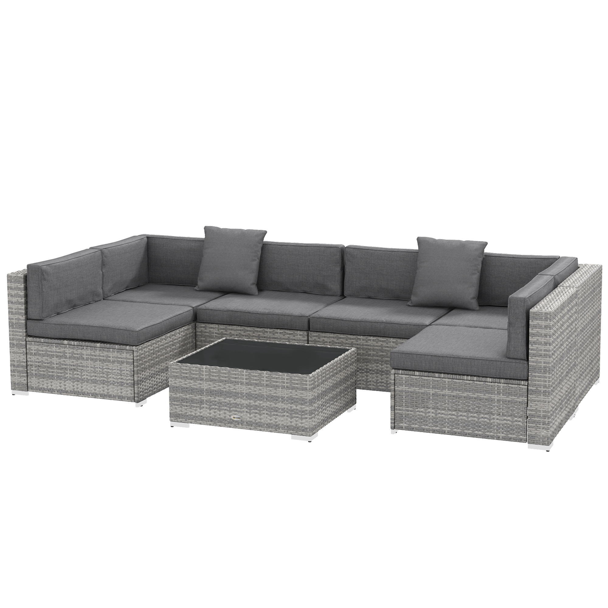 Outsunny 7-teiliges modulares Gartenmöbel-Set mit Glastischplatte und abnehmbaren Kissen inklusive grau