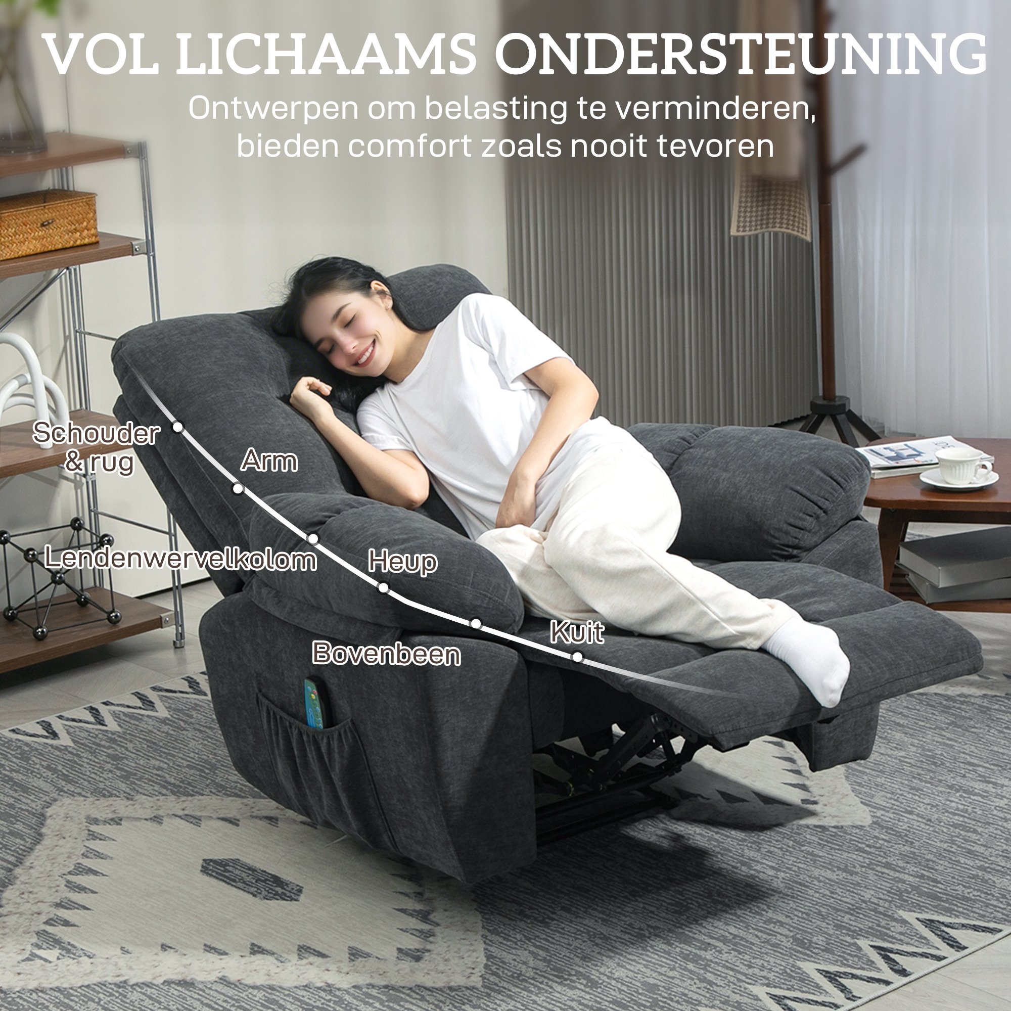 Relaxstoel met Massage, 8 Vibratiepunten, Verstelbare Voetsteun, Zijvak, Ligstoel, Grijs