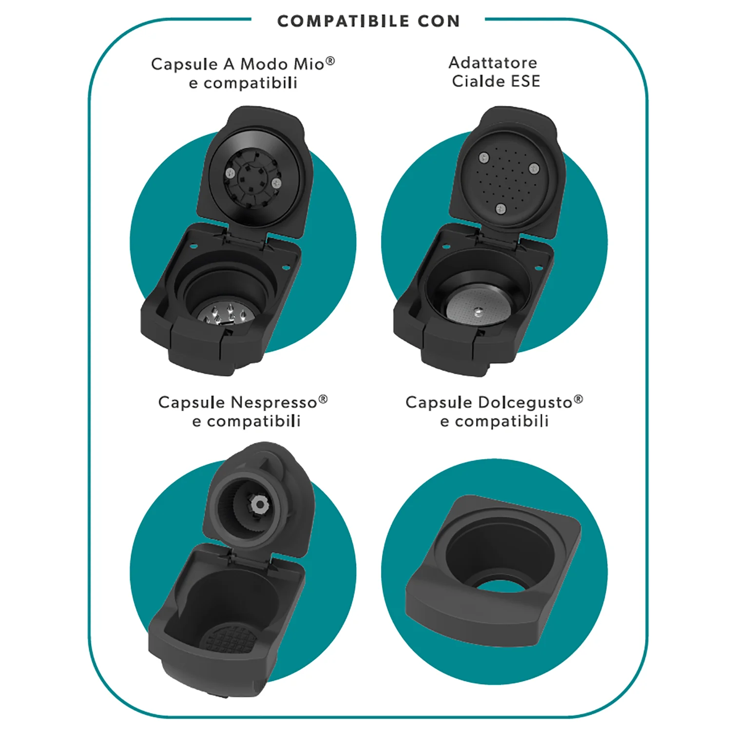 Macchina da caffè 4 in 1 Matilde Black 1400 Watt - Compatibile con capsule Nespresso, Dolcegusto, Lavazza a Modo Mio e Cialde ESE