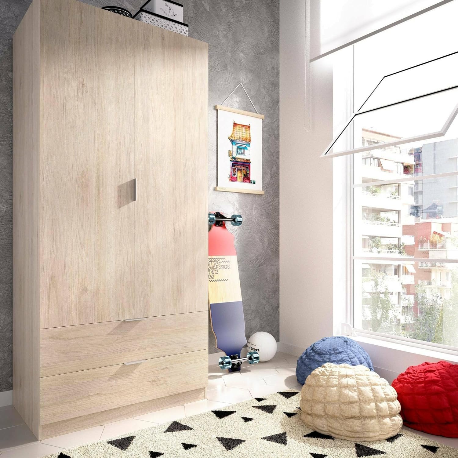 Dmora Pisanino Wardrobe 2 Doors 52 x 184 H cm Brown Oak 2 Drawers Clothes Hanger, Bedroom Wardrobe 2 Doors
