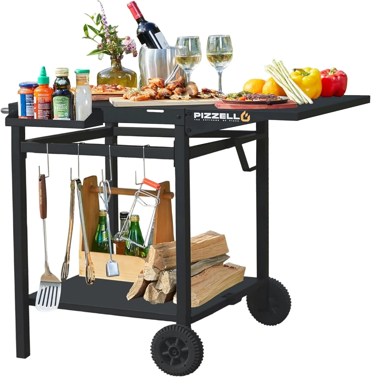 Movable Outdoor Grill Cart with Double Shelf Trolley and Foldable Tabletop