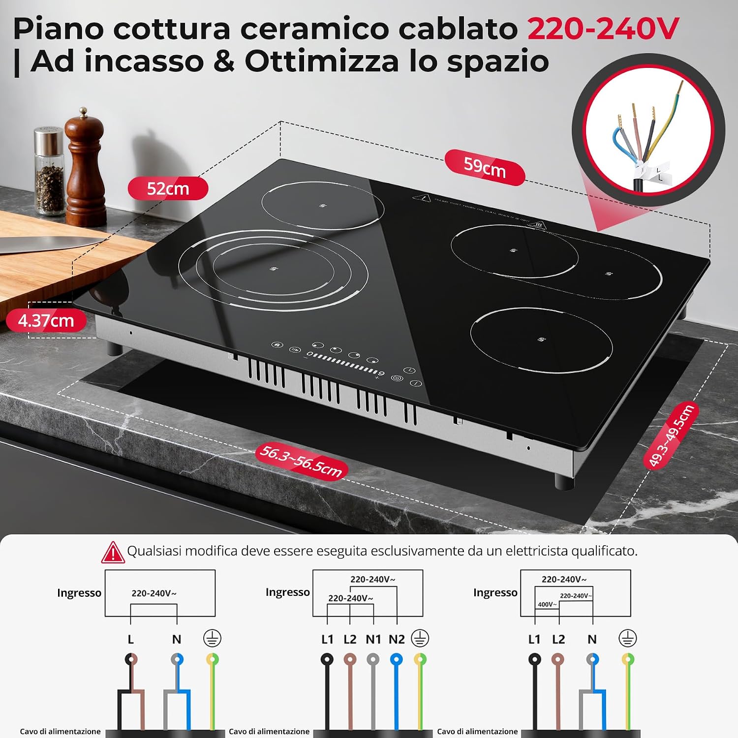 SNDOAS Piano Cottura Vetroceramica 4 Fuochi, 6700W, Zona Ovale & a 3 Anelli