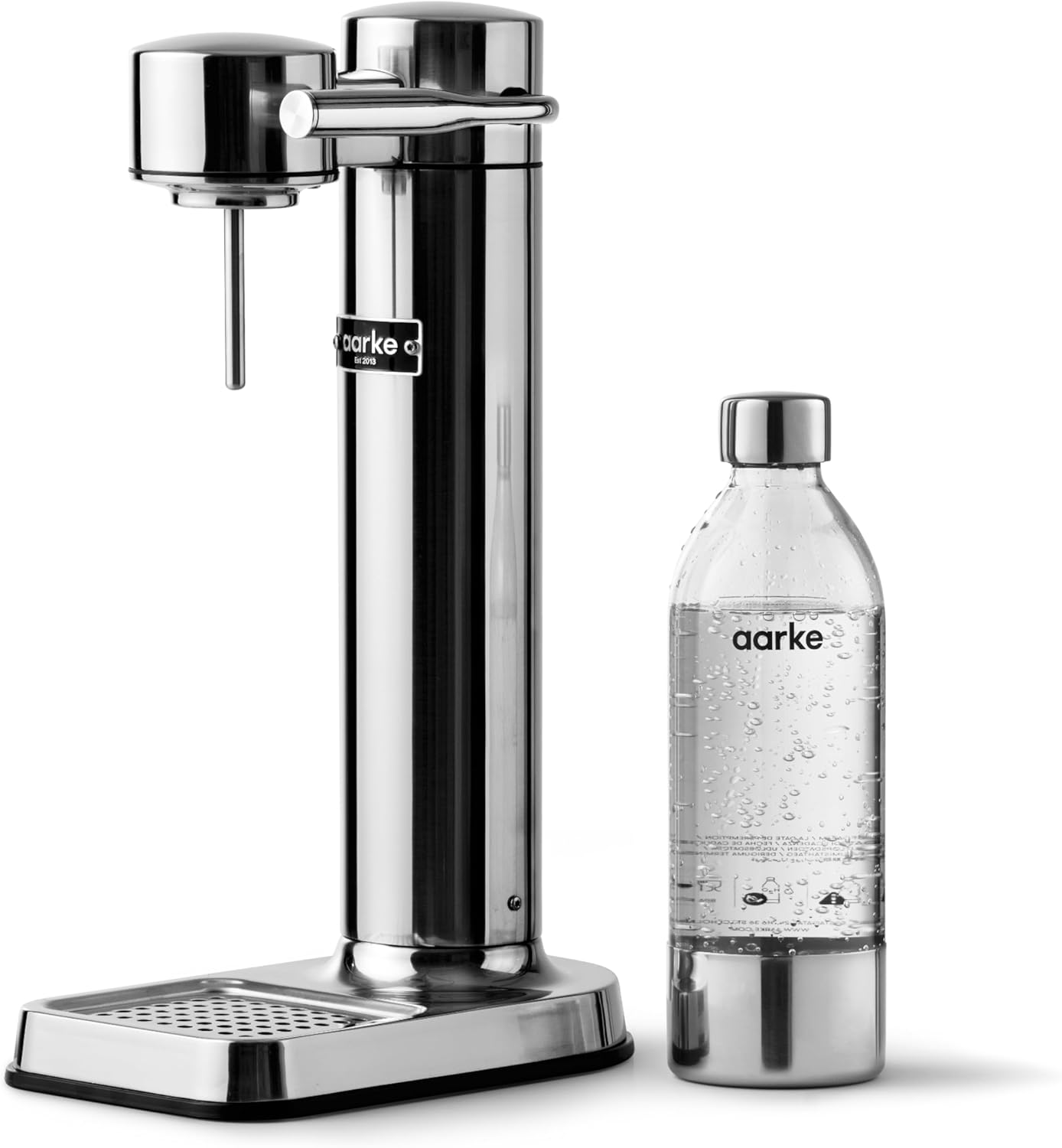 Aarke Carbonator 3, Wassersprudler aus Edelstahl im modernen Edelstahl Finish mit BPA-freier 1L PET-Flasche, Sprudelwasserbereiter für Leitungswasser, kompatibel mit 60L CO2-Zylindern