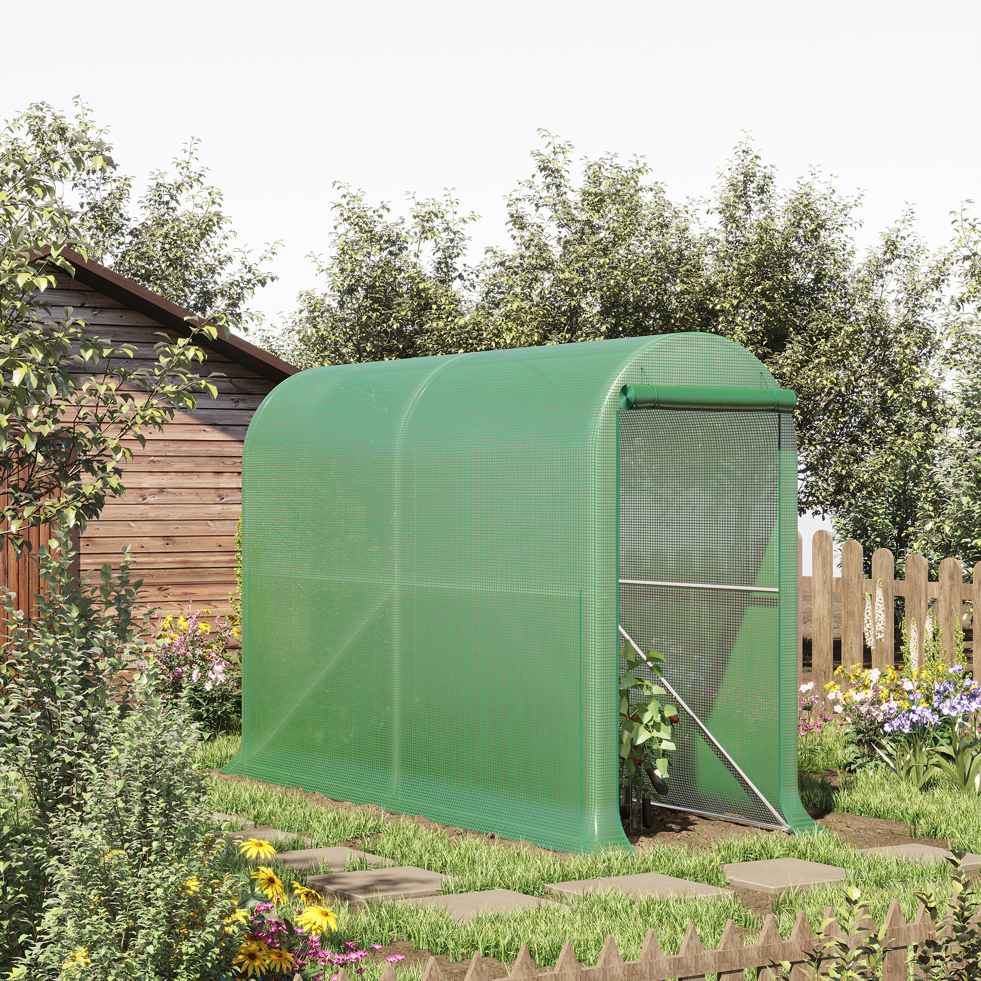 Outsunny Gewächshaus PE, Balkongewächshaus, verstärkte Plane 140 g/m², pulverbeschichteter Stahlrahmen, rollbare Reißverschlusstür, für Gemüse Pflanzen Blumen, Innen und Außen, 300 x 100 x 200 cm, Grün